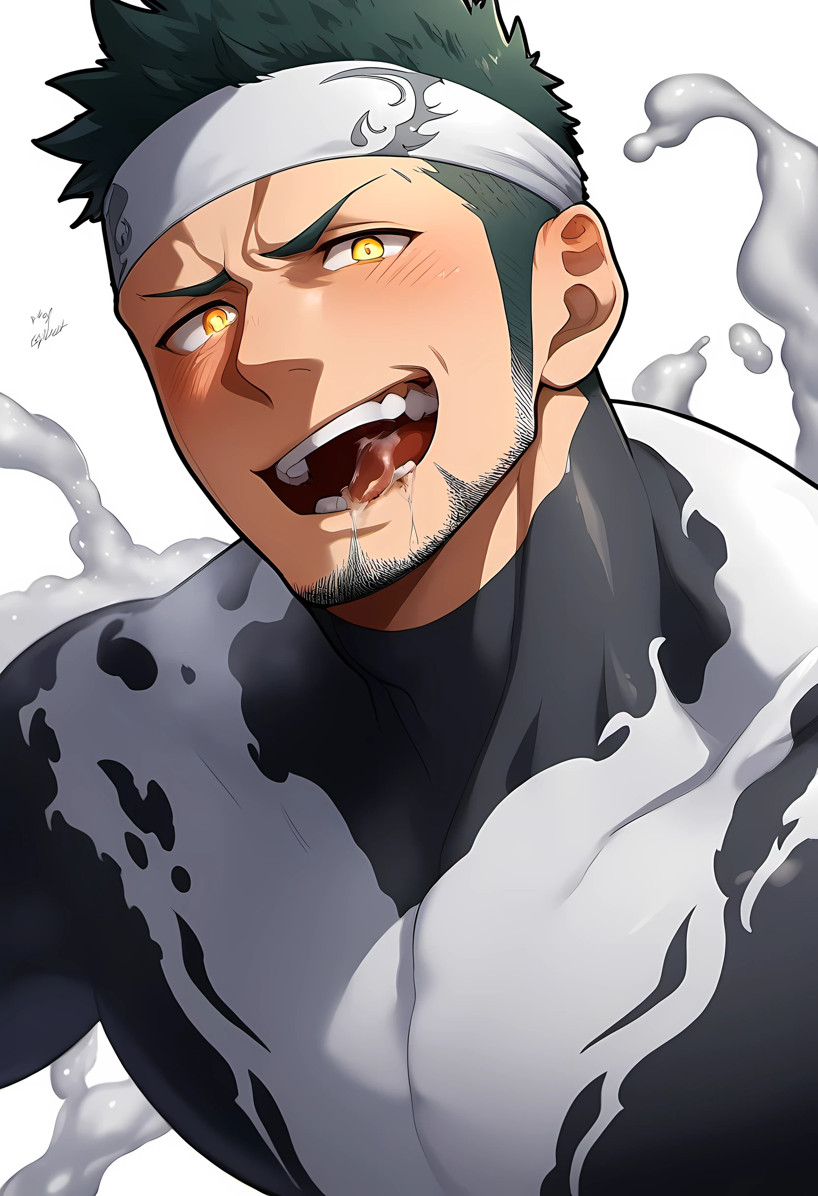 anime characters:Priapus in Venom Tights, black sports headband, 1个年轻的muscular man, male focus, buzz clip, White Venom Skinny Suit, venom logo, A large amount of milky white slime covering the whole body, muscular man, extra large breasts, only, alone, short yellow hair, stubble, yellow eyes, blink, White background, simple background, amazing quality, best aesthetics, Ridiculous, bright pupils, short hair, open lips, blush, open lips, moan, Slobber, traces of saliva, Endure the face, best quality