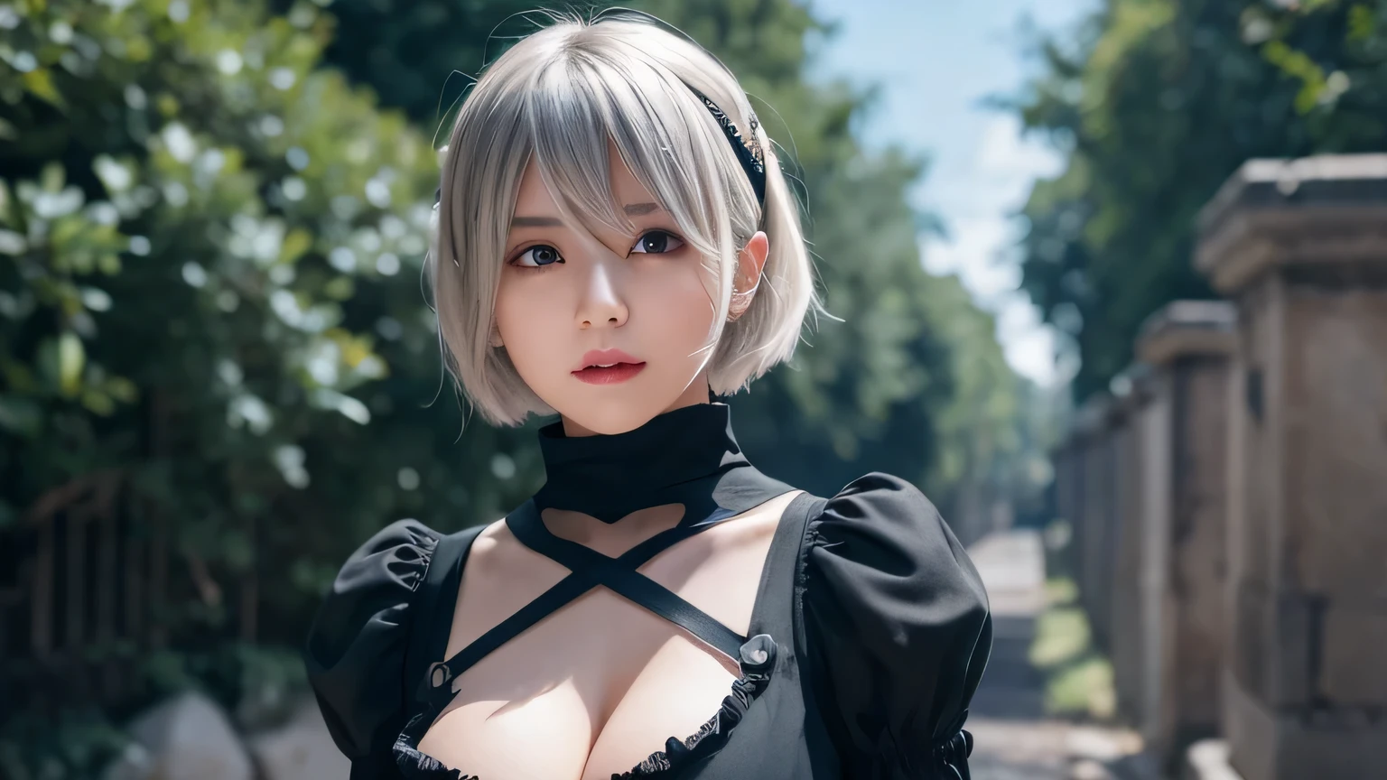realistic, photorealistic, 1 girl, YoRHa type B, chest, cleavage, cleavage cutout, cleavage 半透明の刺繍、black costume、clothing clippings, green background, hair between eyes, hair band, High resolution, juliet sleeves, long sleeve, NieR (series), NieR automata, plump sleeves, red lips, face with shadow, short hair, alone, black turtleneck, ruffle skirt, whole body, silver hair, blue sky、looking at camera、dynamic pose