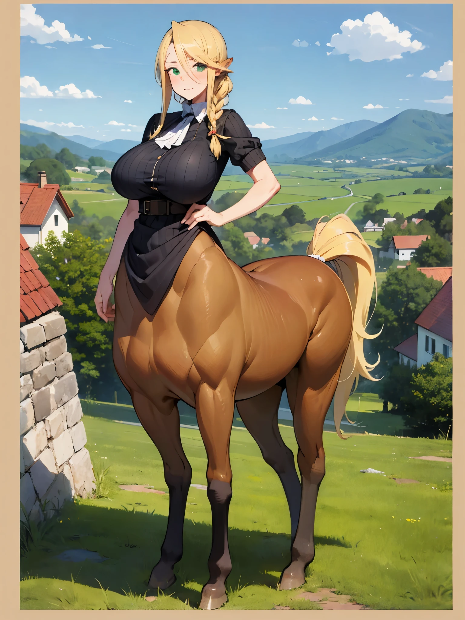 by metal owl, by lindaroze, by sinensian, by etheross, (((SHARP detail perfect face))), (perfect hips), detailed skin, ((masterpiece)), best quality, (SHARP details), 4k, sweat, green eyes, looking at viewer, solo, (asymmetric hair), female ((centaur)), milf, ((mature woman)), perfect (large breasts), blonde hair, long hair, (one braid), detailed background, (rural village), village ((solo)), good anatomy, (wide centaur flanks), outdoors, (voluptuous), (wearing slutty outfit), full body shot, huge breasts, in heat, gorgeous, 8k,