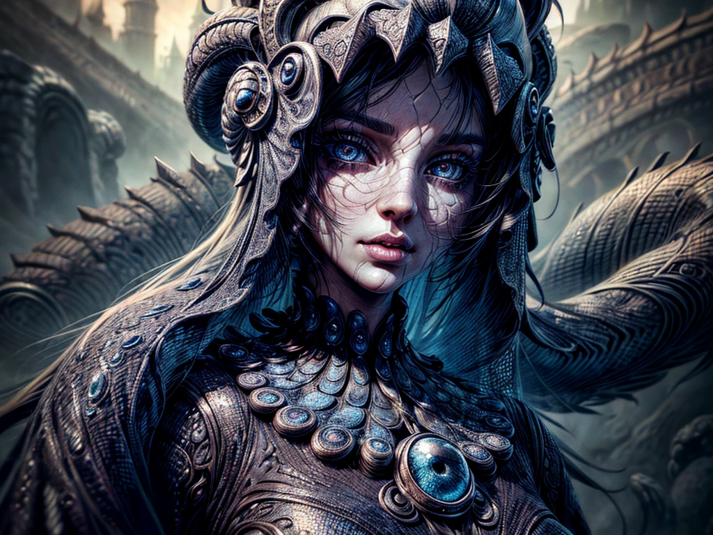 Giant Creature, (a girl,beautiful detailed eyes,beautiful detailed lips,extremely detailed eyes and face,longeyelashes),oil painting,3D rendering,illustration,highres,ultra-detailed,realistic:1.37,vivid colors,portrait,fantasy,grayscale,soft lighting