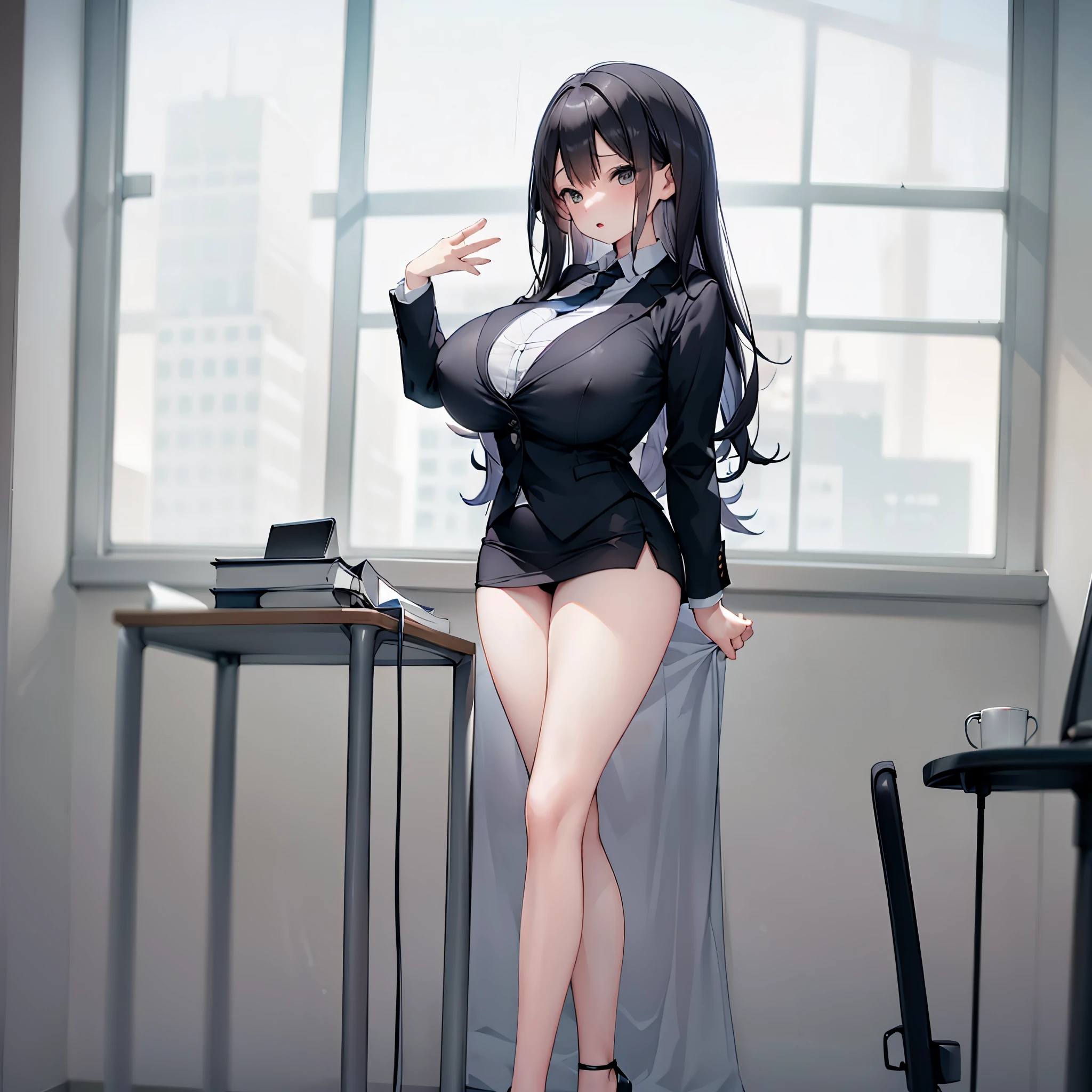 (solo 1 very skinny office lady standing in office:1.3), (swaying back), standing exactly, (arms behind back:1.2), (black business suits:1.3), (black blazer with closing chest:1.3), (white dress shirts under blazer:1.3), disproportionately (bursting gigantic huge breasts:1.5), necktie, (inconceivably narrow waist:1.3), too short black skirt, slim hip, thigh gap, very skinny long legs, highheels, nose blush, perfect anatomy, (orgasm)