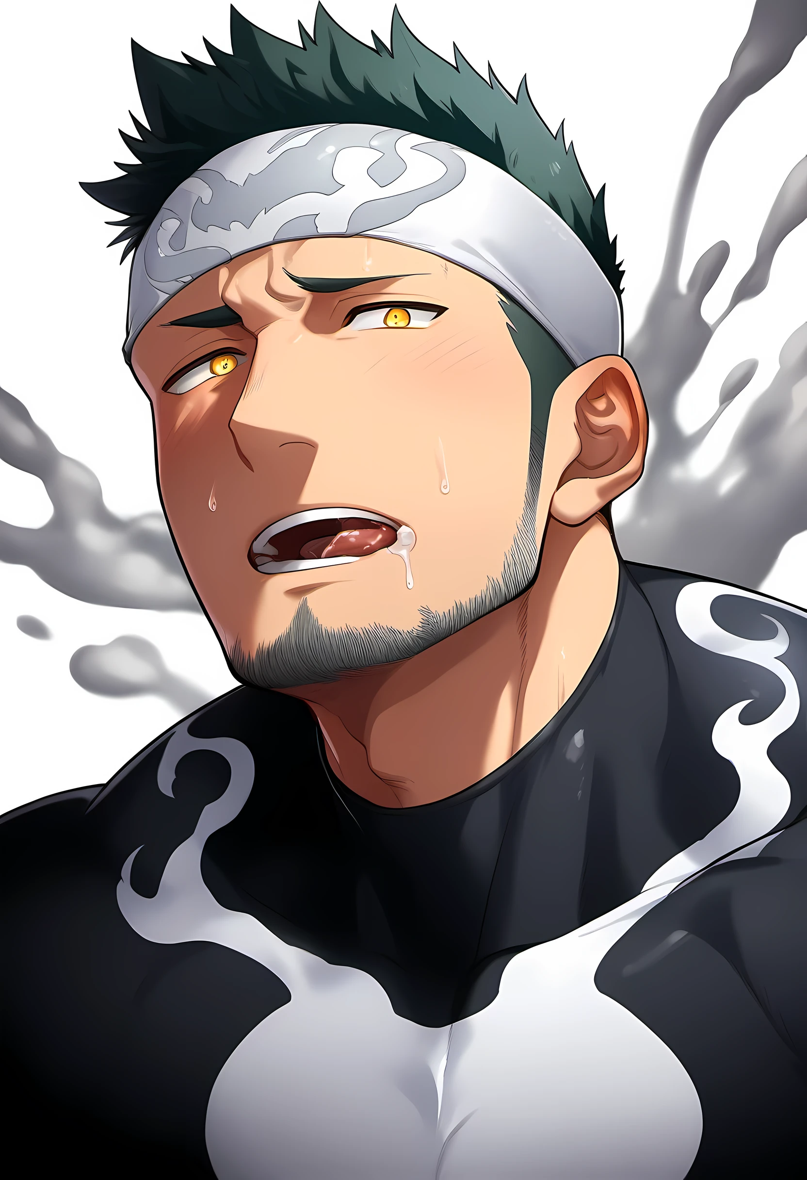 anime characters：Priapus in Venom Tights, black sports headband, 1个年轻的muscular man, male focus, buzz clip, White Venom Skinny Suit, venom logo, A large amount of milky white slime covering the whole body, muscular man, extra large breasts, only, alone, short yellow hair, stubble, yellow eyes, blink, White background, simple background, amazing quality, best aesthetics, Ridiculous, bright pupils, short hair, open lips, blush, open lips, moan, Slobber, traces of saliva, Endure the face, best quality