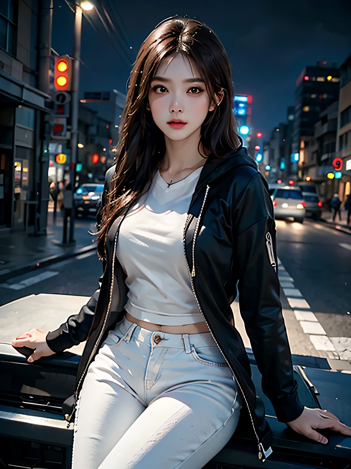 Woman sitting on a car in the middle of a city street - SeaArt AI