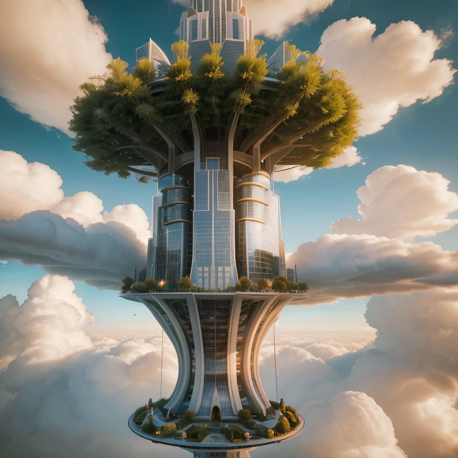 Genera una imagen de una ciudad flotante en el cielo, con enormes torres y jardines suspendidos entre las nubes, creating a surreal and futuristic scene that sparks the imagination. Enfoca la ciudad en el centro de la imagen, highlighting its greatness and the sense of wonder it inspires.