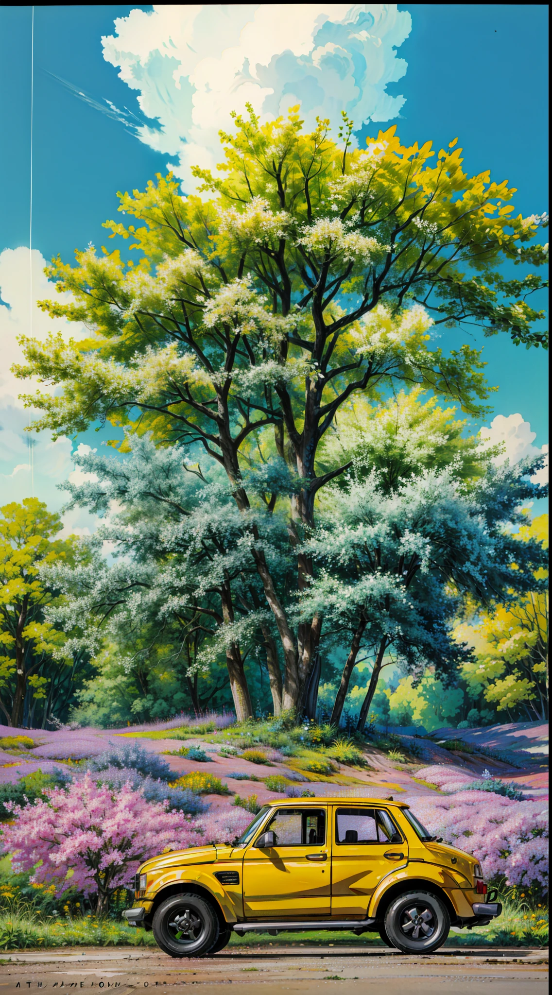 a painting of a yellow car parked in front of a tree with flowers, yellow colours, yellow colors, full view of a car, yellow school bus, yelow, a beautiful tree, the king in yellow, auto photography, yellow lightning, king in yellow, old car, colors: yellow, the yellow creeper, golden sacred tree, car, car, yellow and blue, shades of yellow, 4k hd,, illustration, anime style, beautiful art uhd 4 k, a beautiful artwork illustration, beautiful digital painting, highly detailed digital painting, beautiful digital artwork, detailed painting 4 k, very detailed digital painting, rich picturesque colors, gorgeous digital painting