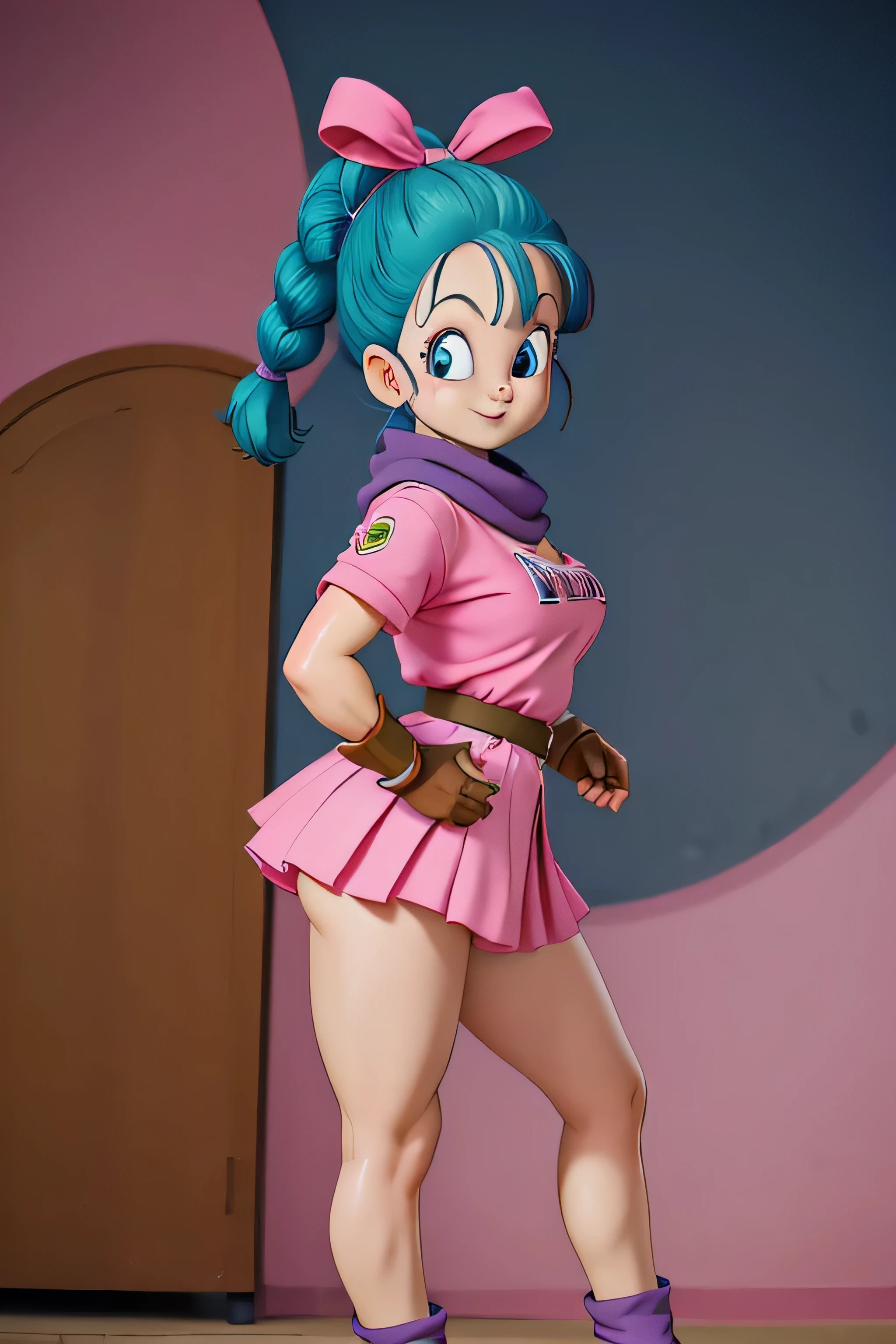 masterpiece, best quality, high resolution, dragon ball, blmpony, aqua hair, hair ribbon, braided ponytail, pink shirt, belt, scarf, pink skirt, clothes writing, brown gloves, medium breasts, in back pose, back wards looking camera, smile, show her booty, show ass, ultra mini dress,Anime,bulma (WIND LIFTING HER SKIRT) (detailed:1.3), ultra high res, ultra detailed, Highly detailed face and skin texture, detailed eyes ( FULL BODY) 1girl.