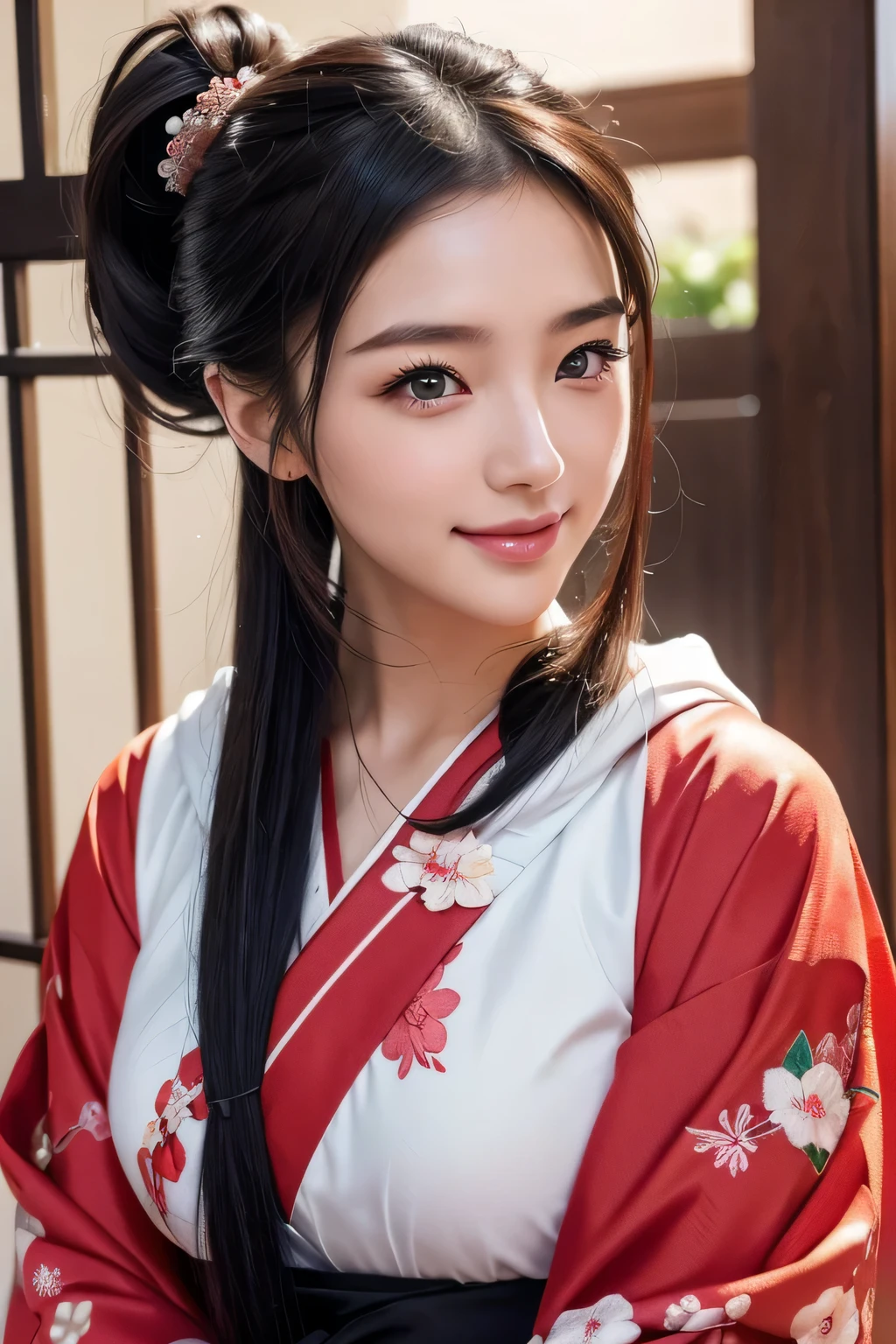 Beautiful Japanese women depicted in the highest quality manga。Her eyes are expressive、Have a perfect face。She has the charm of a cute anime character.、Wearing a beautiful Japanese kimono。The kimono has a dragon embroidered on it..、Features black and red colors。She has long black hair typical of Japanese women.、I have a ponytail hairstyle。Her single eyelid is attractive、A sexy look with a hooded eye style、deep set hairstyle。Her smile exudes a mysterious charm、She brightens up the situation with beautiful images。