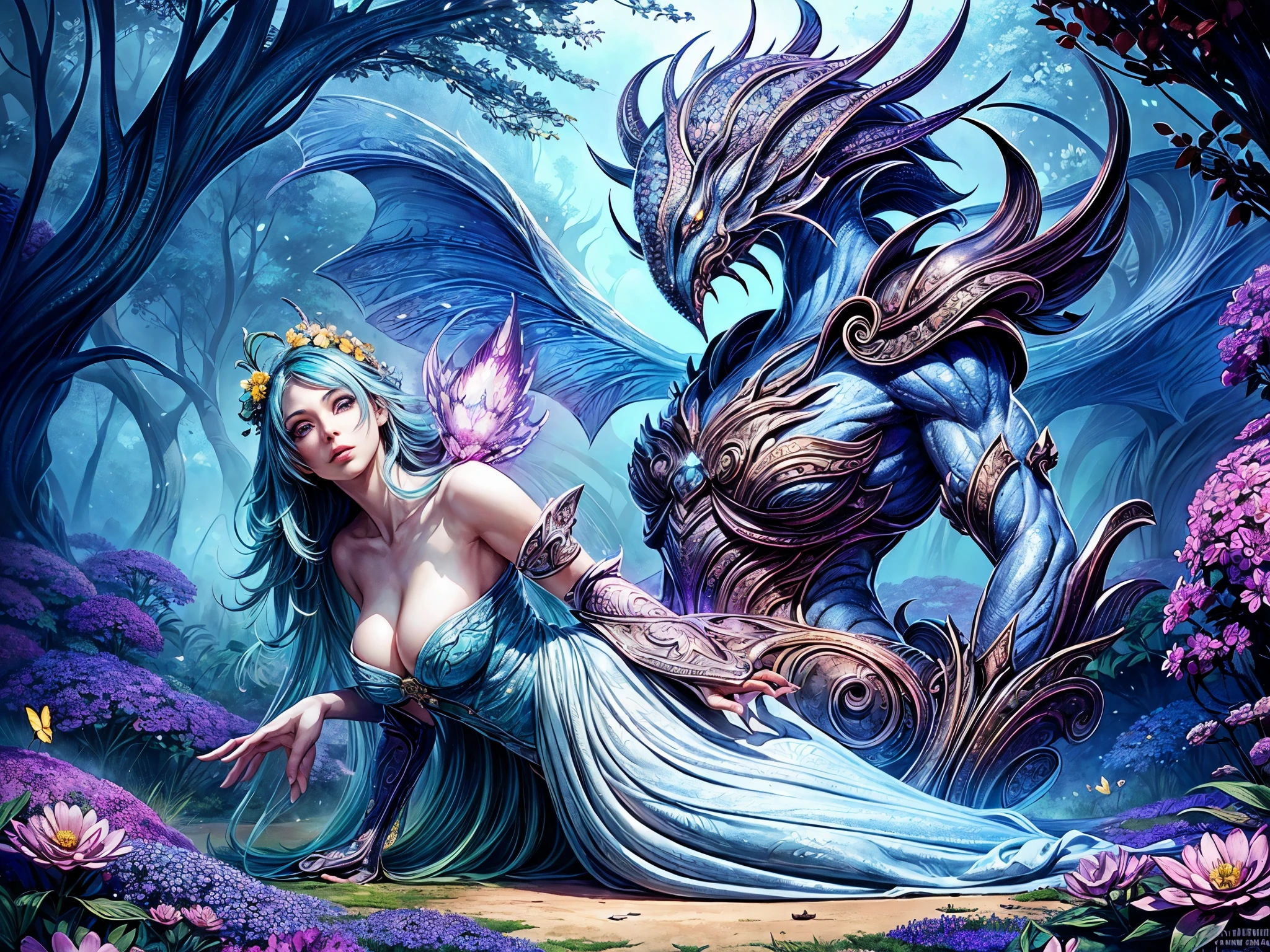 Giant Creature and a girl,(girl,eye:1.1,nose:1.1,lips:1.1),creature,garden,illustration,(best quality:1.2),ultra-detailed,beautiful detailed eyes,beautiful detailed lips,greenery,soft sunlight,peaceful atmosphere,colorful flowers,butterflies,fantasy,watercolor,whimsical,playful,journey,lush,enchanted,calm,vibrant colors,delicate details,magical creature,mysterious,majestic,joyful,wonder,harmony,body proportions:1.1,fantastical,blue skies,adventure,imagination,lively,curiosity,fairy tale,vivid hues,gentle nature