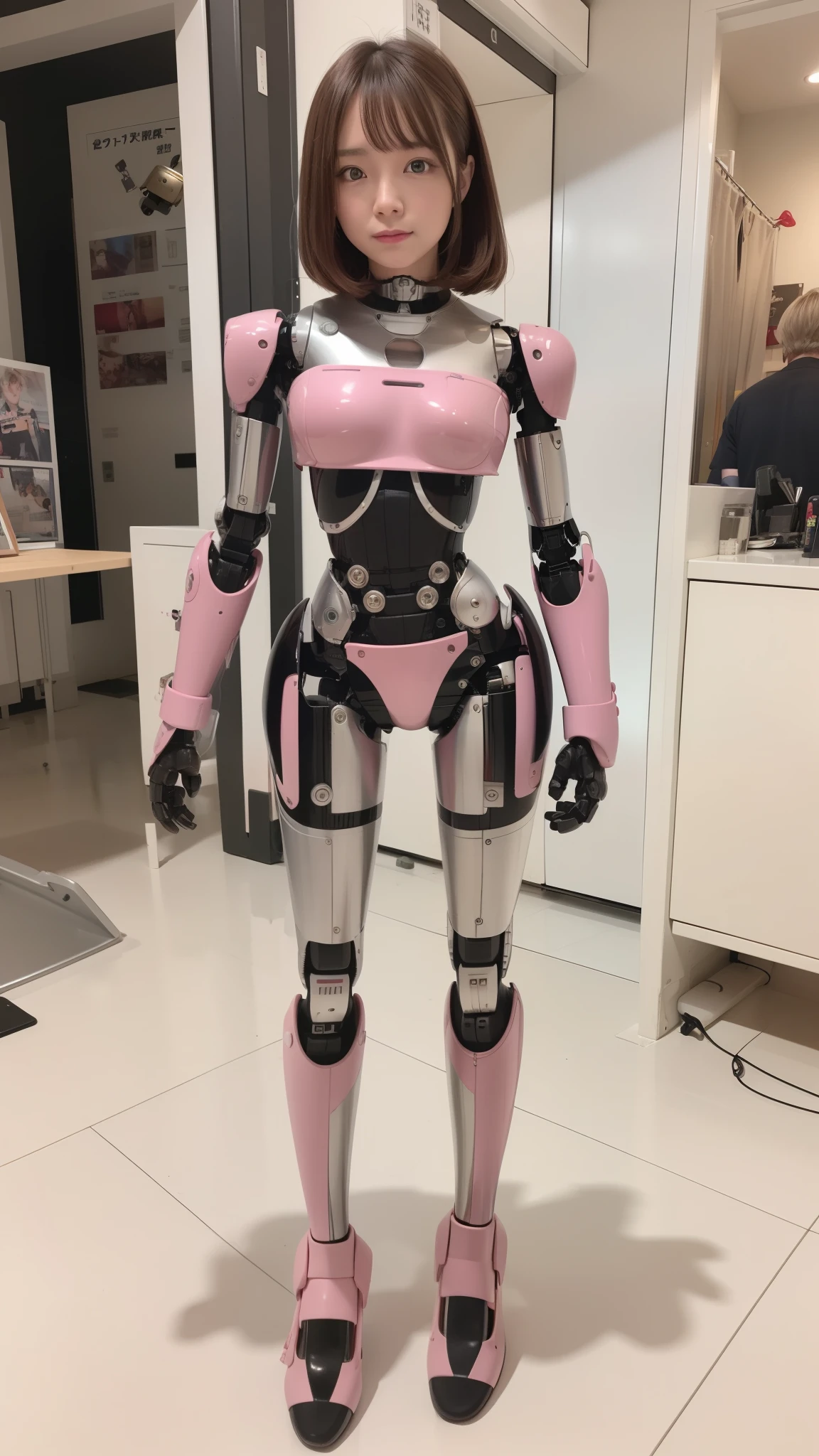 cyborg, pink there, Silver, Metallic body, Robot Parts, Metal Parts, Super Detailed Face, Super well-formed face, of the highest quality, a small face, a small head, full body, Brown hair, Slender body, Camera gaze, Internal Mechanical Exposure, Idol, Well-proportioned body, gravure, Photo session, Akihabara, Moe Pose, Standing with legs open, Model body type, sad, Embarrassing,(Perfect Robot Girl),(Perfect machine body)