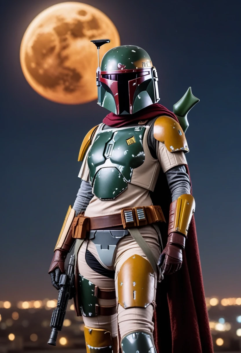 woman Boba Fett as woman version standing on the top of a building looking the camera, twin braids blonde, holding the helmet in the arm, full moon at the background, high resolution, high quality, 8k, masterpiece, ultra detailed, realistic,