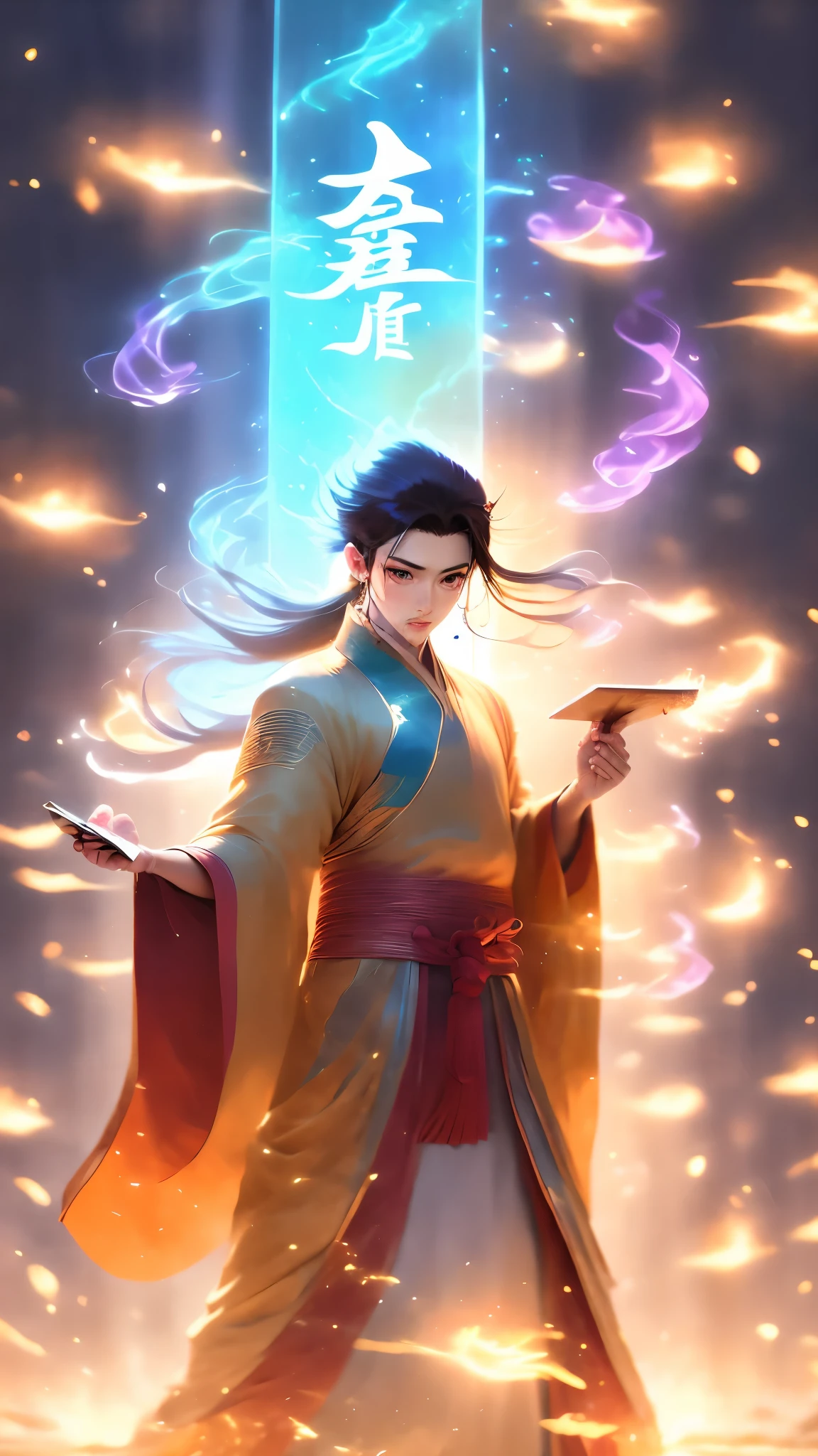 (masterpiece, best quality:1.2), 1boy, dynamic posture wearing Hanfu, long hair,Upper body, glowing text, transparent text, energy text, energy fluid, glowing, Fire, flame, flame fluid,dawn, light particle effect, floating energy scroll, blue energy, best quality, masterpiece, 8k,transparent text, negative_hand