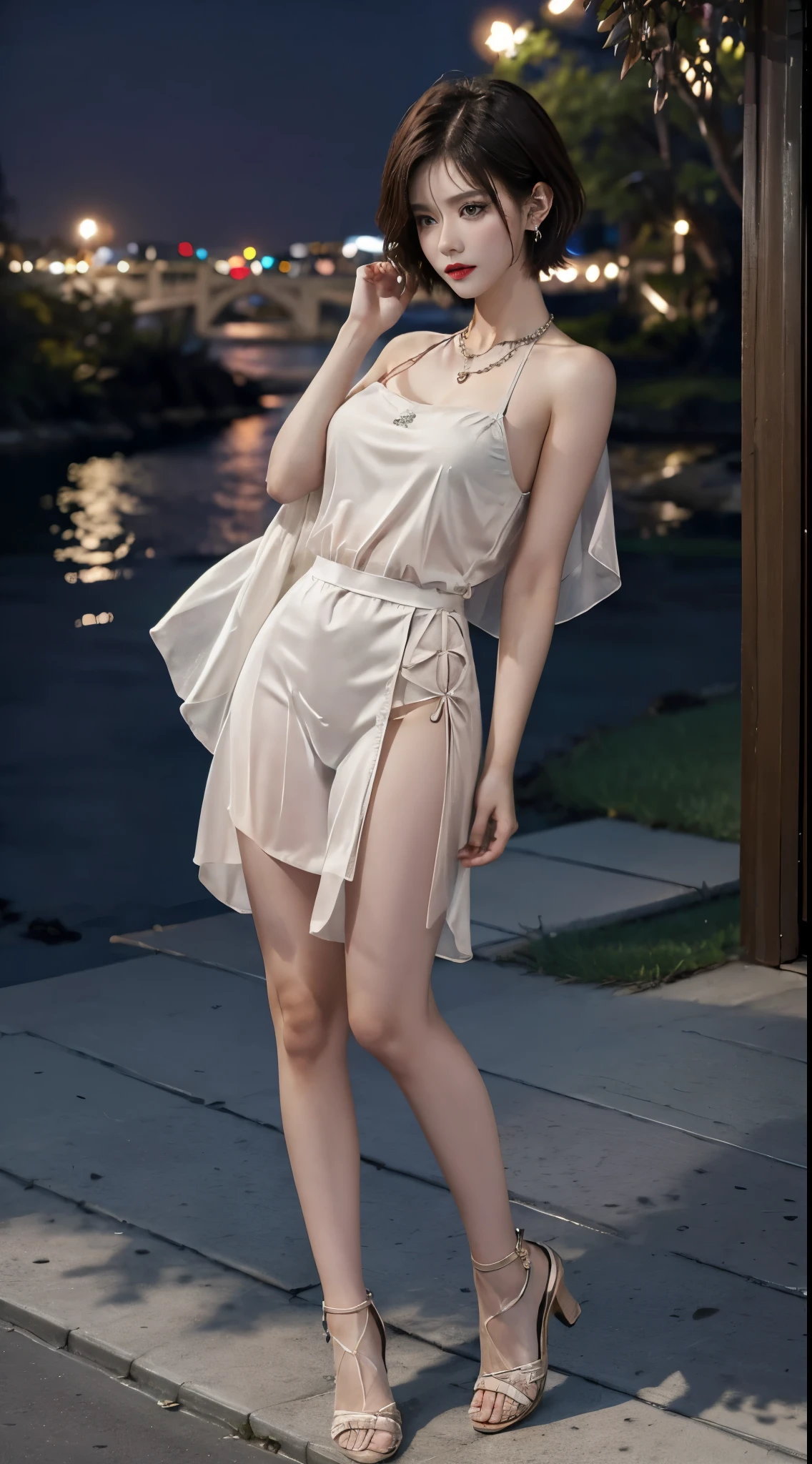 masterpiece,best quality,(Night:1.7),CityView,(outdoors:1.3),city lights,skyscraper,street,close up,
1girl,jewelry,earrings,necklace,standing,pose,beautiful face,full body,(short hair:1.5),
dress,underwear,see-through,chinese clothes,panties,