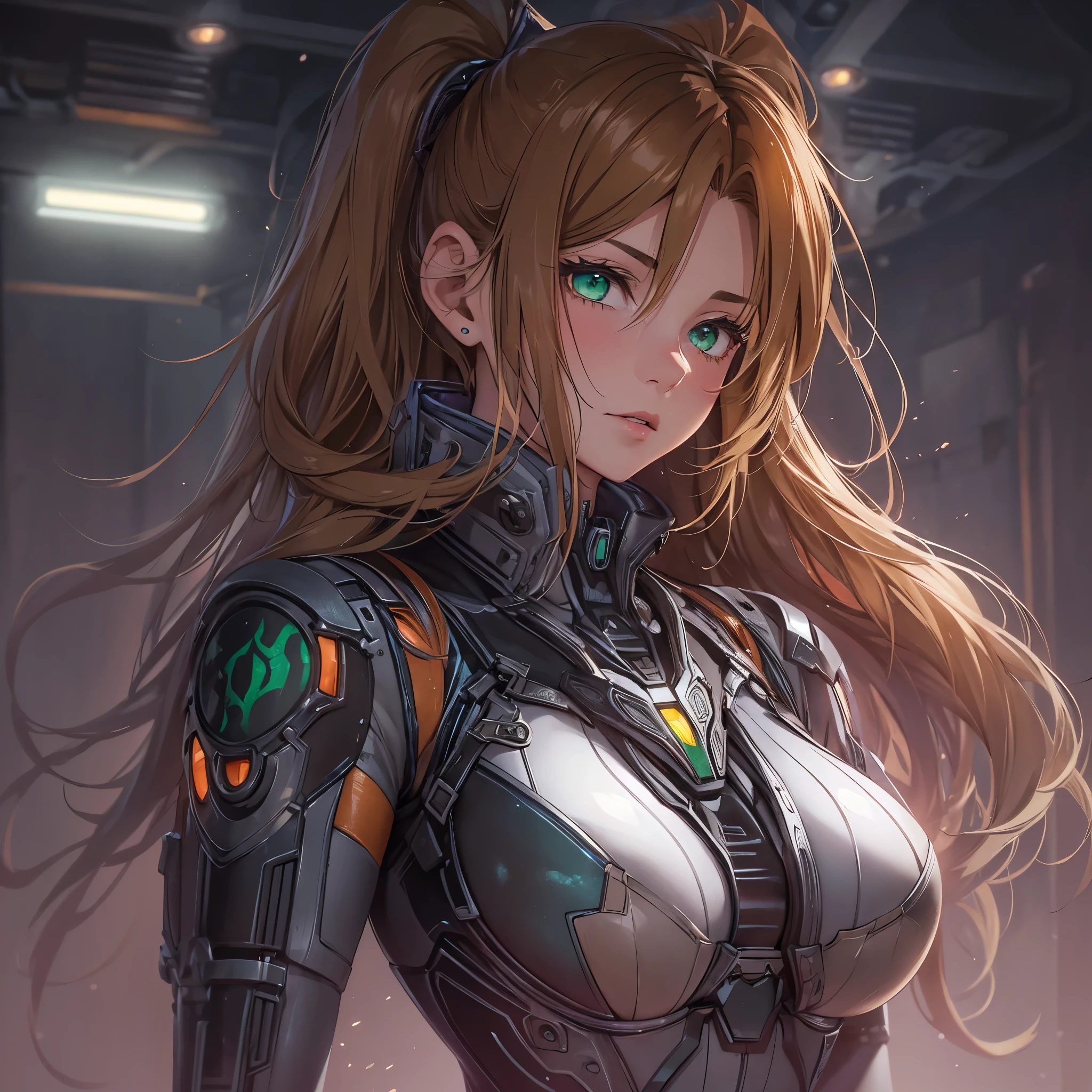 (masterpiece), 8K CG, Stunningly beautiful girl, intricate details, Color difference, ((Half-length photo)), ((looking at the audience)), 1 girl, (Fluffy brown hair, green eyes, Striped hair, red hair stripes, freckle, Zero Suit Samus Suit, flight suit), extremely beautiful and delicate portrait, 16 years old, frown, blush, cosmetics, Ridiculous, light, Dynamic lighting, fantasy, ((dark background, FOG))