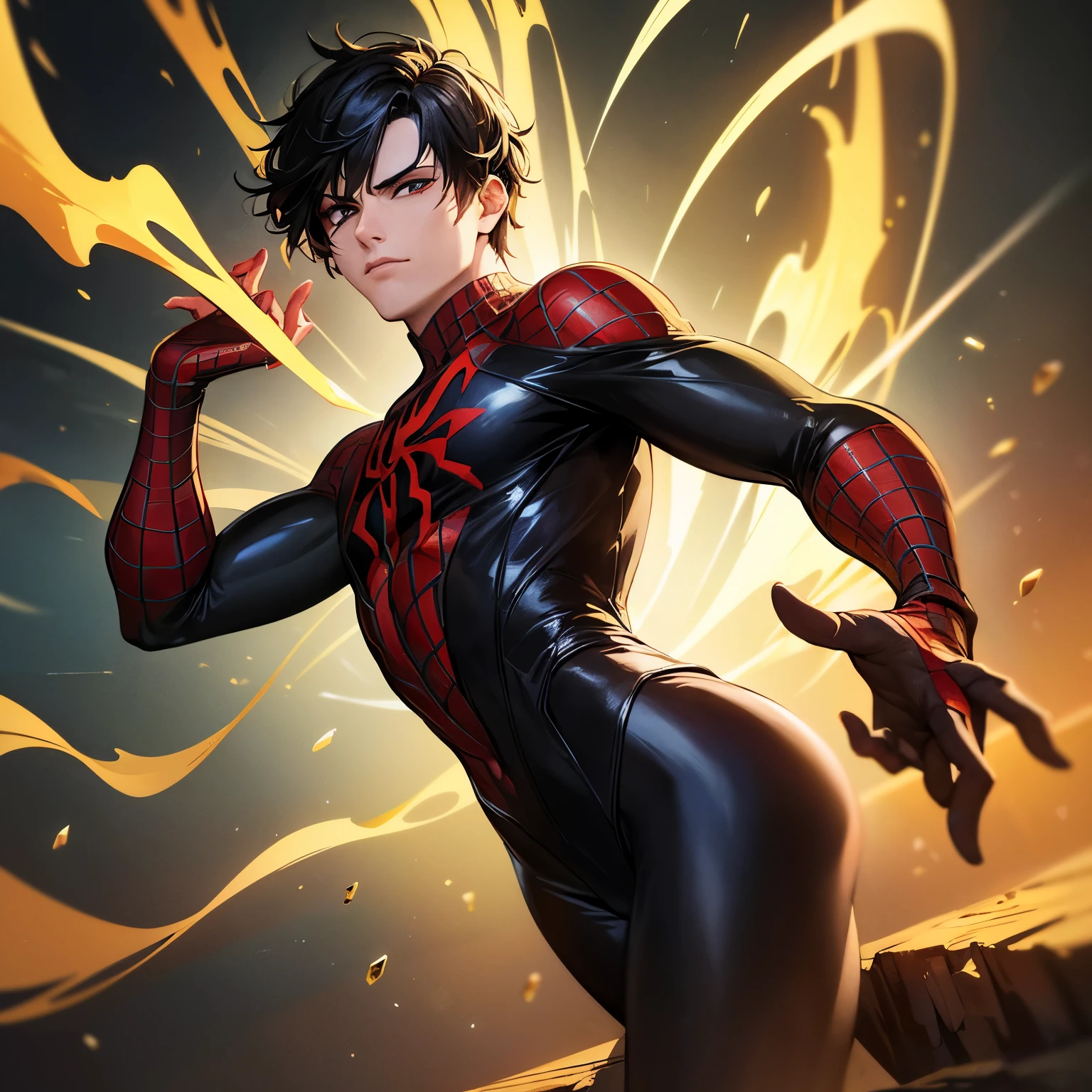 In my imagination, I see a magnificent painting of a golden Spider-Man without his mask, with messy black hair. The painting is done in a medium that showcases intricate details, such as an oil painting or a digitally rendered artwork. The image quality is of the highest caliber, with exquisite details that are ultra-detailed and realistic, almost like a photograph (best quality, 4k, 8k, highres, masterpiece:1.2), with vibrant colors and a sharp focus.
The Spider-Man in the painting is portrayed in a dynamic pose, showcasing his agility and strength. His face is especially emphasized, with beautiful detailed eyes that captivate the viewer, and lips that add depth and realism to his expression. The intricate facial features reveal the intensity and determination of the character. The contrast of the golden suit against the black hair creates a striking visual effect.
The background of the painting is carefully crafted to complement the main subject. It could be a dark and mysterious urban cityscape, with dramatic lighting adding a sense of depth and atmosphere. The vibrant colors of the painting create a captivating and dynamic environment, capturing the essence of Spider-Man's adventures.
Overall, this prompt aims to generate a visually stunning depiction of a golden Spider-Man without his mask, highlighting the beauty and complexity of the character. It combines the elements of a superhero's striking appearance, intricate details, realistic rendering, and vibrant colors to create a masterpiece that captures the imagination and awe of the viewers.