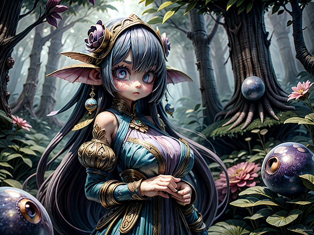 a girl, giant creature, detailed eyes, beautiful detailed lips, fantastical, magical, surreal, vibrant colors, ethereal lighting, dreamlike atmosphere, whimsical, awe-inspiring, otherworldly, enchanting, mysterious, mystical, nature-inspired elements, lush foliage, towering trees, floating flowers, glowing orbs, gentle breeze, golden sunlight, soft shadows, mystical aura, epic scale, unique perspective, sense of wonder, evocative emotions, dynamic composition, masterful brushstrokes, painterly style, high level of detail, intricate patterns, captivating storytelling