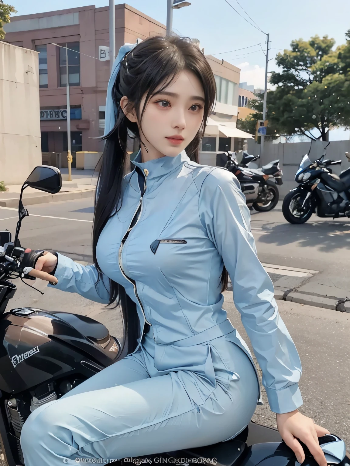  (realistic:1.5), 8k, Super delicate beauty, 1 girl, intricate motorcycle details, (short: 1.3), (highest quality: 1.0), (Super high sharpness: 1.0),（Beautiful and delicate depiction of eyes）,unreal engine:1.4, photorealistic:1.4, skin texture:1.4, masterpiece:1.8,highest quality、smile、long limbs、(((riding a motorcycle)))、(((Sky blue rider suit and long pants)))、(((twin tail hair)))