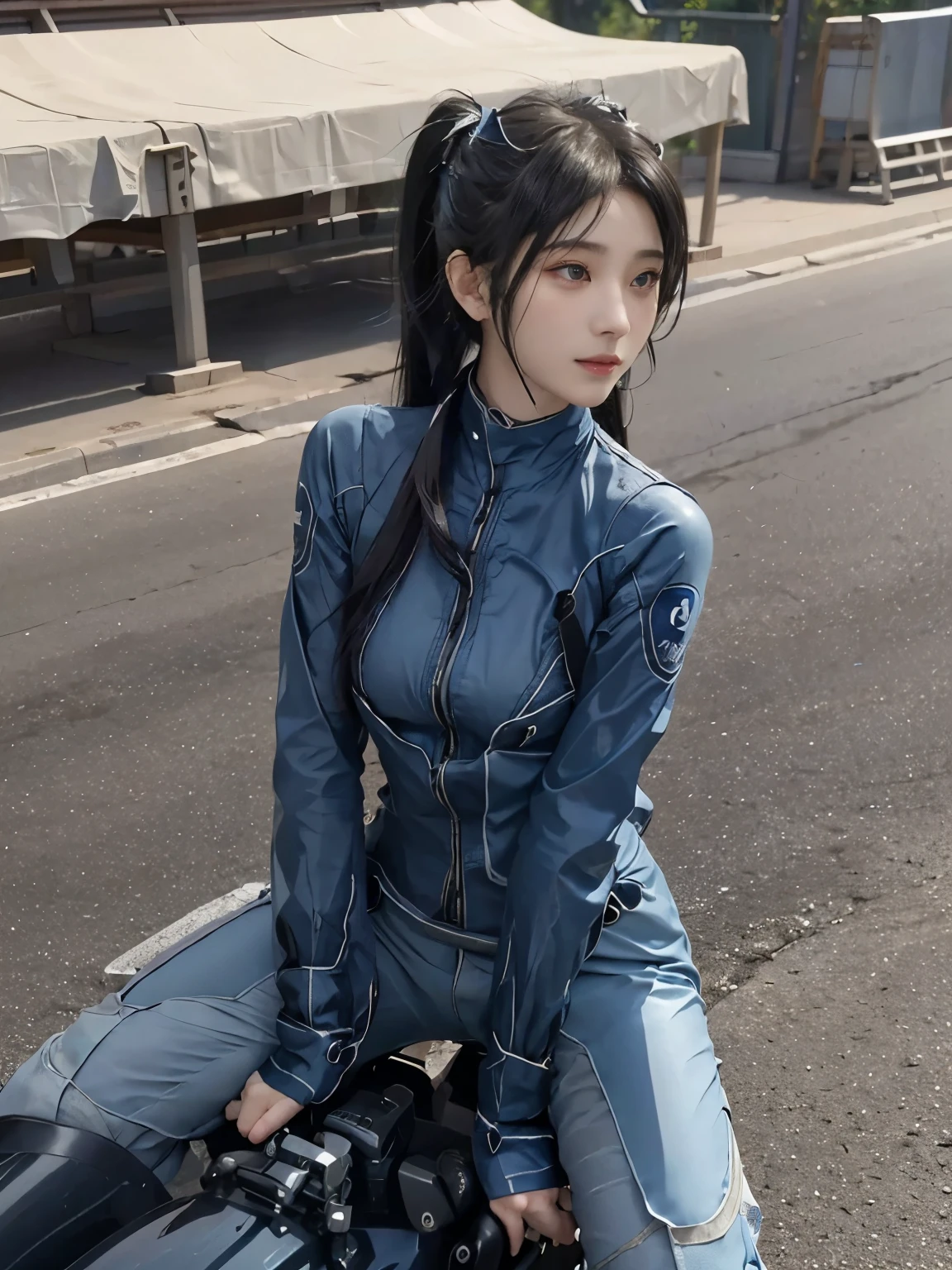  (realistic:1.5), 8k, Super delicate beauty, 1 girl, Complex motorcycle details, (short: 1.3), (highest quality: 1.0), (Super high sharpness: 1.0),（Beautiful and delicate depiction of eyes）,unreal engine:1.4, photorealistic:1.4, skin texture:1.4, masterpiece:1.8,highest quality、smile、long limbs、(((riding a motorcycle)))、(((blue rider suit and long pants)))、(((twin tail hair)))