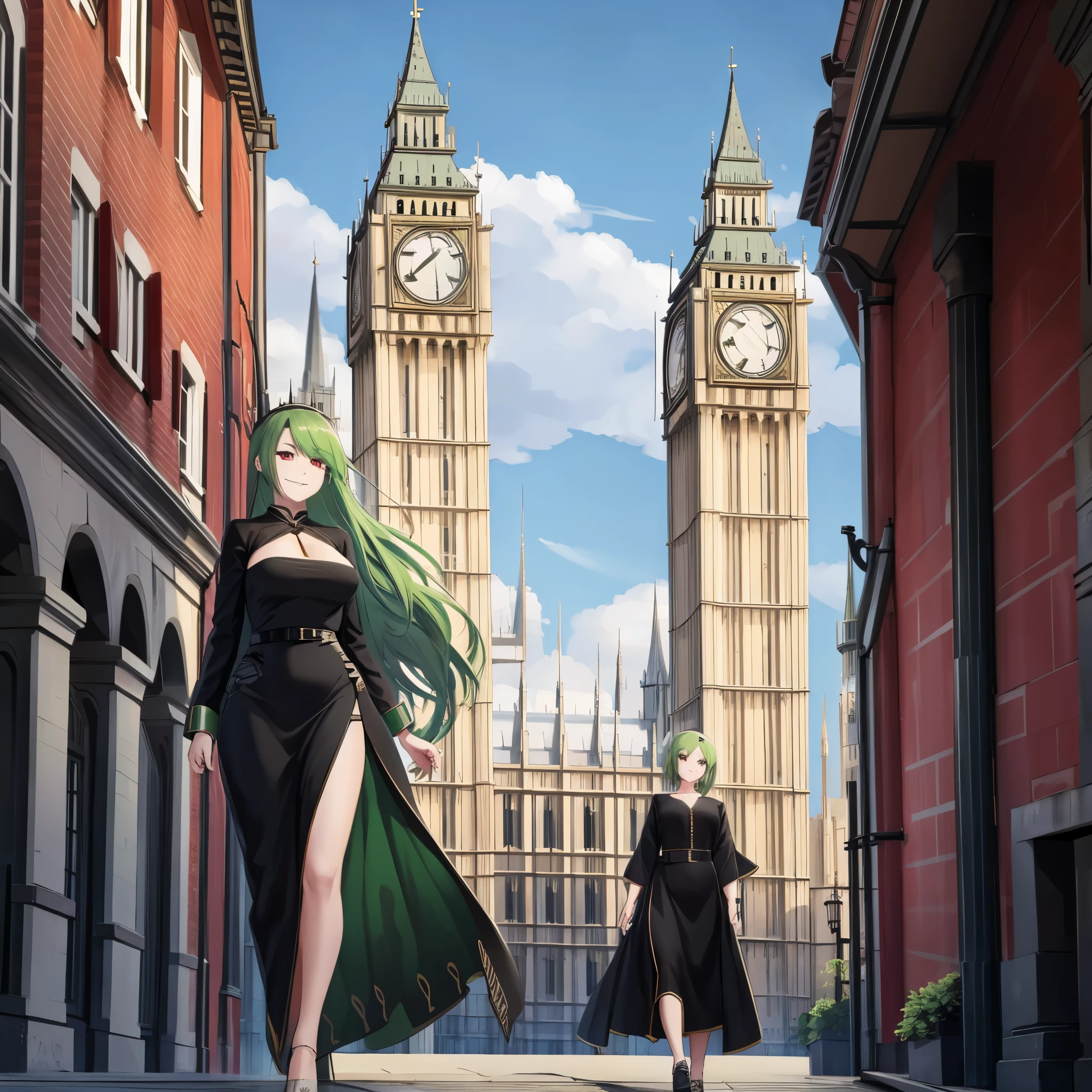 A woman wearing a black dress, wearing sunglasses, green hair, red eyes, smiling, walking through the city of London, a Big Ben Tower in the background
