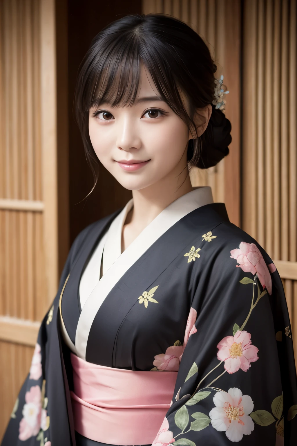 (kimono)、Random pose、(top quality,Masterpiece:1.3,ultra high resolution,),(super detailed,Caustics),(realism:1.4,Original photography,)Ultra-realistic capture,a very detailed,High resolution 16K close-up of human skin、 natural skin texture、、Skin looks healthy and even-toned、 Use natural light and color,1 girl,Japanese,kawaii,A black-haired one,Zhongfa,,Smile,,(depth of field、Color difference、、Wide lighting range、natural shadow、)、Half-length photo