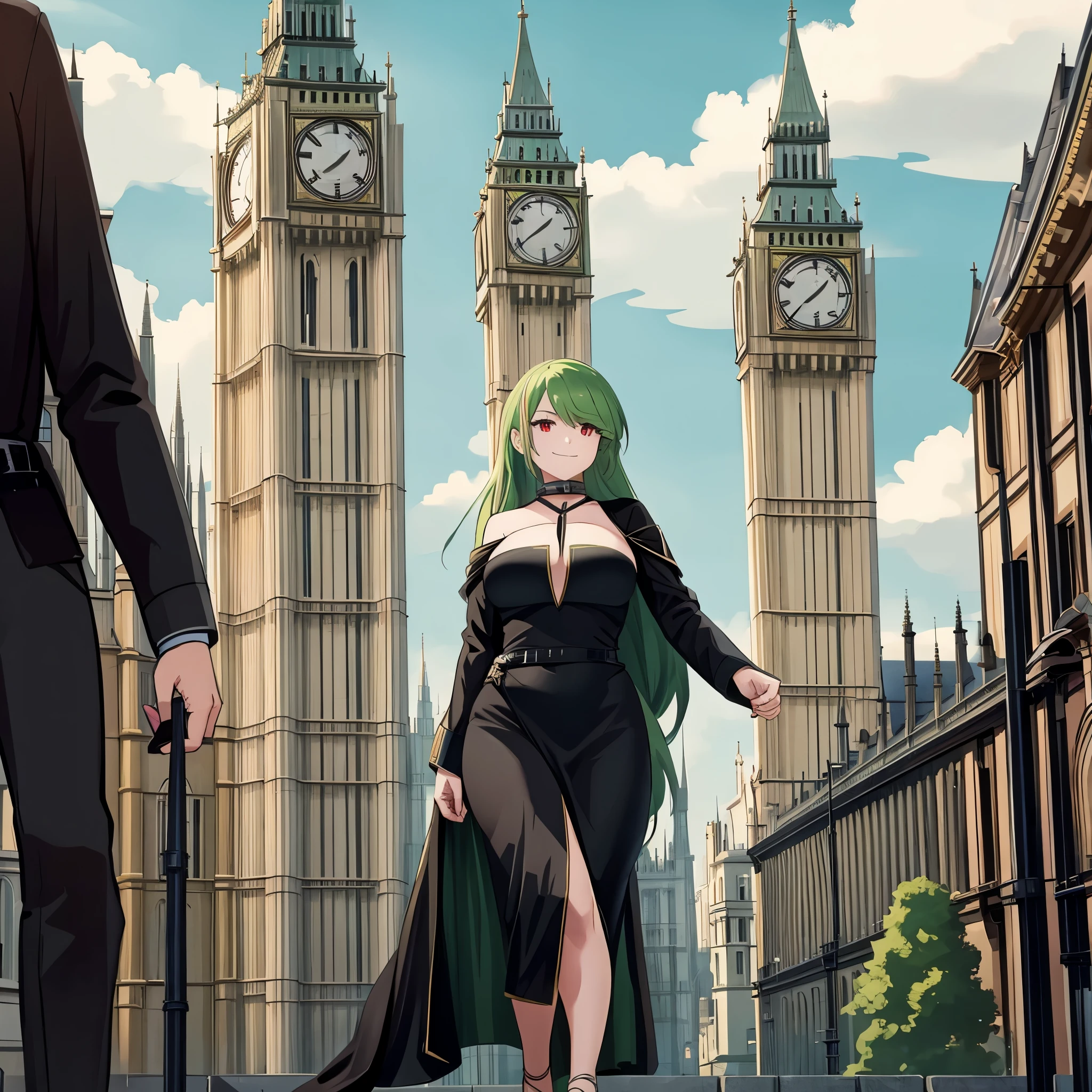 A woman wearing a black dress, wearing sunglasses, green hair, red eyes, smiling, walking through the city of London, a Big Ben Tower in the background
