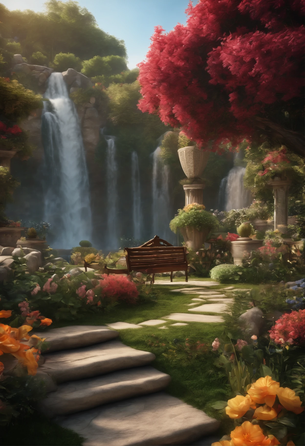 (a fantasy garden with several flowers,waterfall,beautiful bench),(best quality,4k,8k,highres,masterpiece:1.2),ultra-detailed,(realistic,photorealistic,photo-realistic:1.37),vivid colors,HDR,studio lighting,physically-based rendering,sharp focus,extreme detail description,professional,landscape