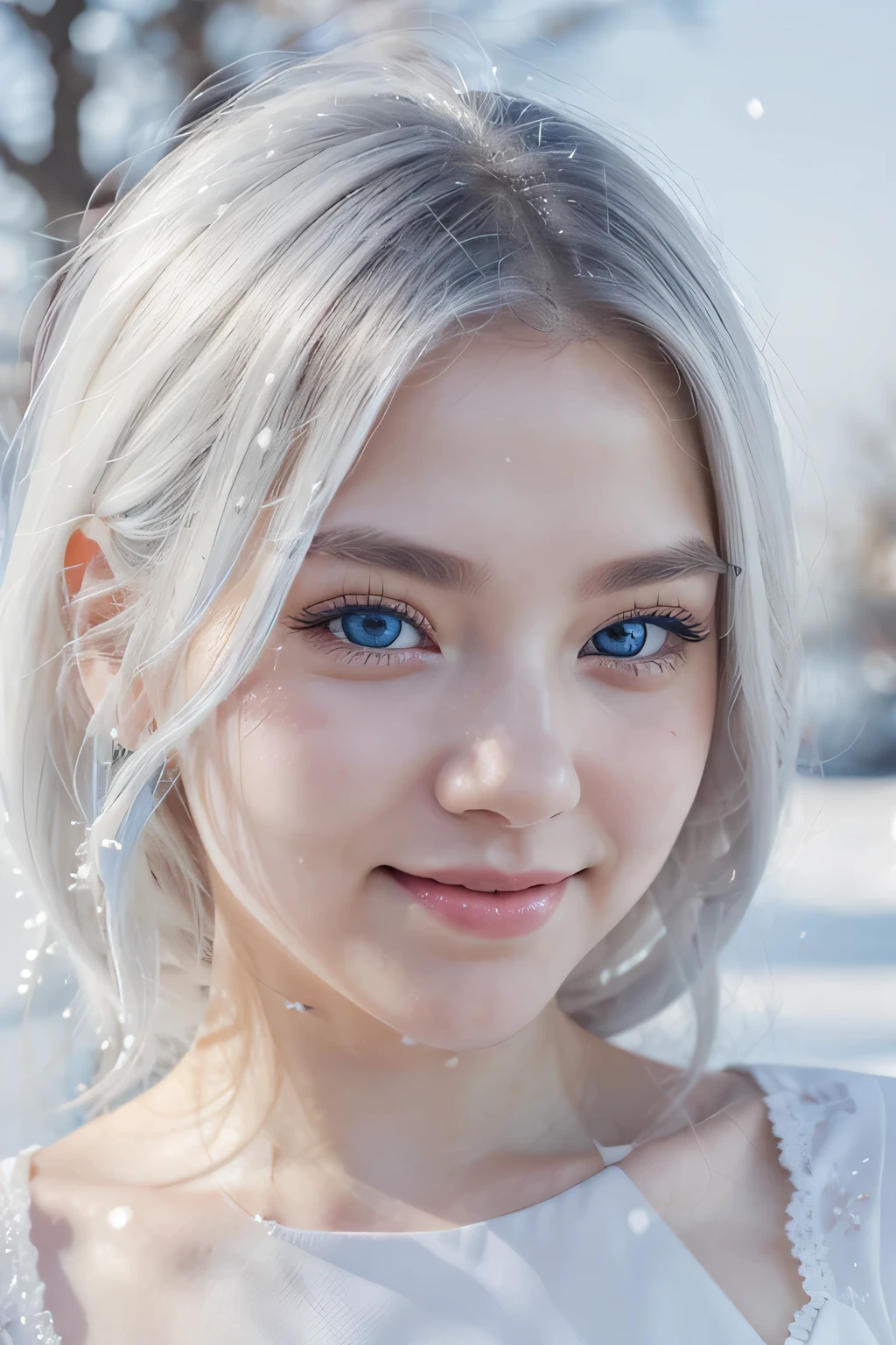 ,ultra-detailed,realistic,portrait,korean and american mix girl,sky blue eyes beautiful detailed eyes,beautiful snow-like white hair,long eyelashes,flawless porcelain skin,gently smiling face,vivid colors,soft lighting thin face with dimples