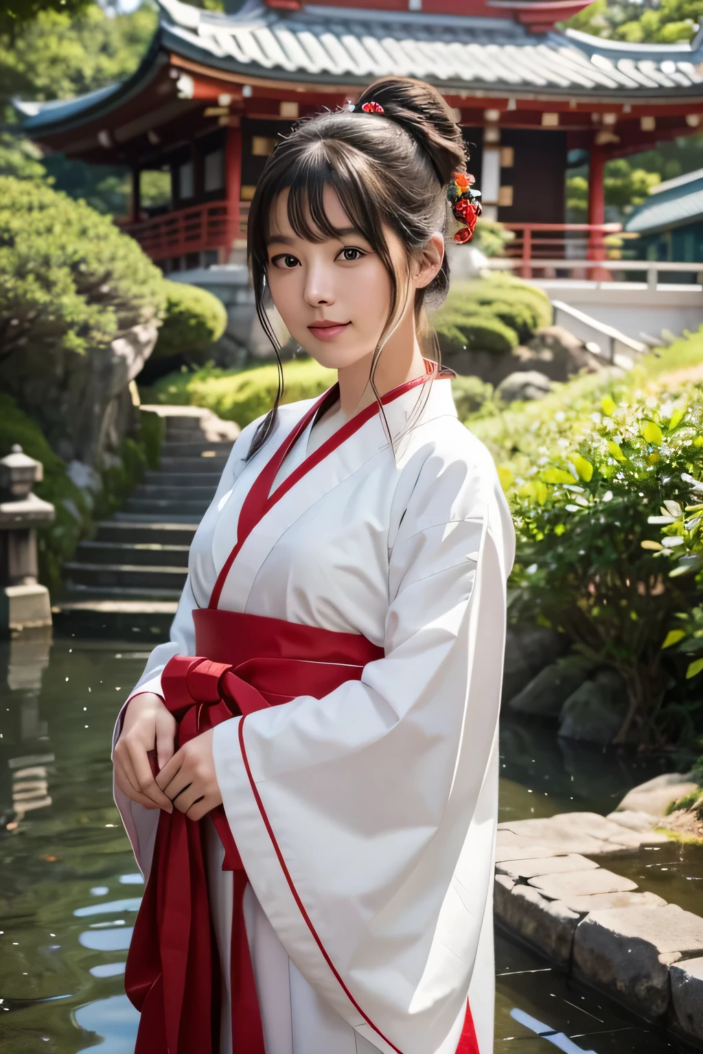 Girl with bun and hair ornament。she has a water lead、Looks like a shrine maiden。Her costume is that of a Japanese shrine maiden..、白い羽織とredい装いを身にまとっています（red:1.4）。She's so cute、has a wonderful face and eyes。Her face is so detailed、Super realistic expression、eyes and hair、Detailed depiction of plump lips and other details.。There&#39;her upper body is smiling。This photo is a RAW photo taken in the highest quality.、Realized by professional photography。Light shines in like a movie、Creates a sacred atmosphere。背景にはredい鳥居があり、It has a shrine-like atmosphere.。