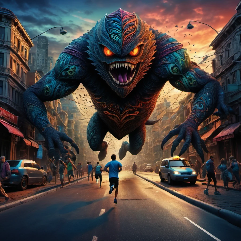 (best quality, highres, ultra sharp), magical ,giant creature of the dark, extreme bigger than buildings, breaking buildings and cars, in the street next a city, zentangle, full colored, 3d crunch, realistic feeling, terrorific scene, people running, panic, cars, buses, dark tones,