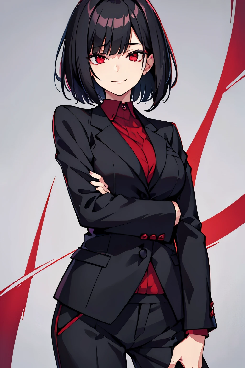 with short black hair and red eyes, woman with a cold smile. The face is pretty and has sharp features.. Suit or slacks and shirt