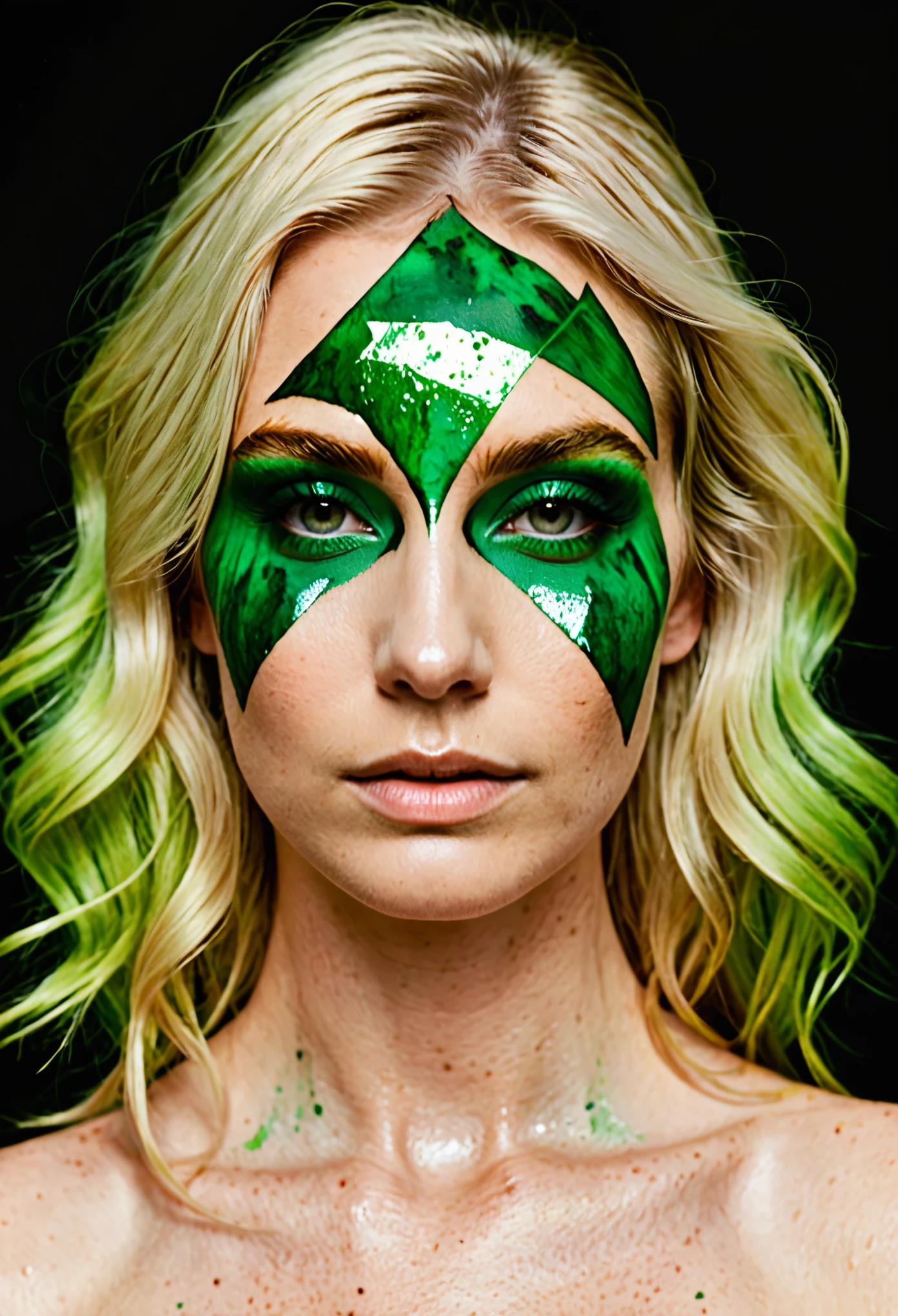 A blonde haired woman with a burnt face, a green triangle around her head, and green veins on her skin.
