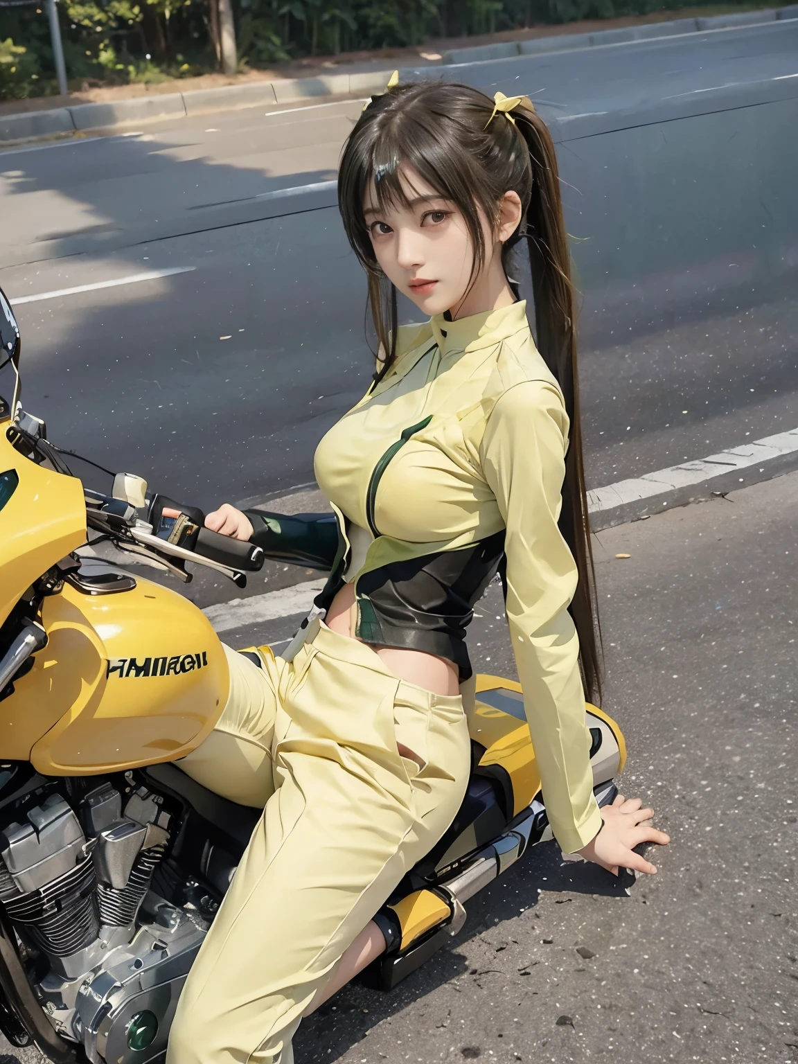  (realistic:1.5), 8k, Super delicate beauty, 1 girl, Complex motorcycle details, (short: 1.3), (highest quality: 1.0), (Super high sharpness: 1.0),（Beautiful and delicate depiction of eyes）,unreal engine:1.4, photorealistic:1.4, skin texture:1.4, masterpiece:1.8,highest quality、smile、long limbs、(((riding a motorcycle)))、(((Yellow and green rider suit and long pants)))、(((twin tail hair)))