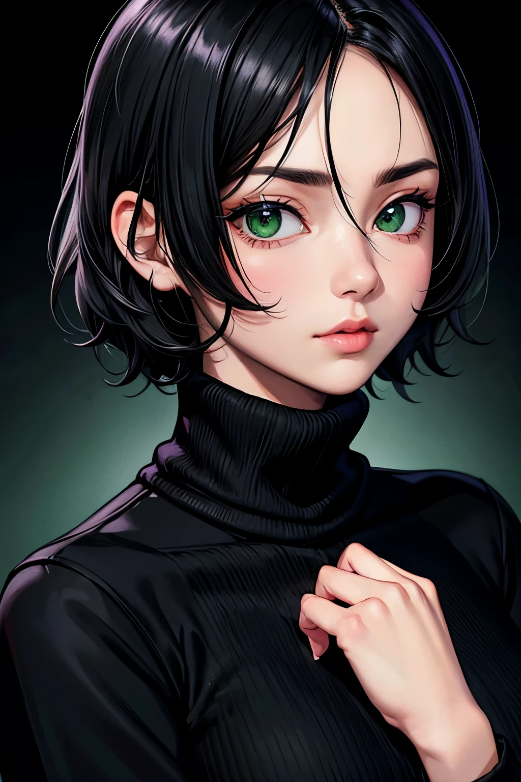 1girl, short black hair, green eyes, athletic, wearing black turtleneck sweater, absurdres, highres, masterpiece, looking at viewer, close up, 8K, ultrasharp, looking at viewer