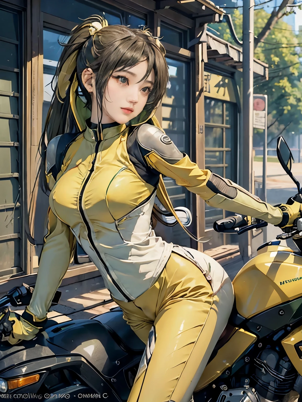  (realistic:1.5), 8k, Super delicate beauty, 1 girl, Complex motorcycle details, (short: 1.3), (highest quality: 1.0), (Super high sharpness: 1.0),（Beautiful and delicate depiction of eyes）,unreal engine:1.4, photorealistic:1.4, skin texture:1.4, masterpiece:1.8,highest quality、smile、long limbs、(((riding a motorcycle)))、(((Yellow and green rider suit and long pants)))、(((twin tail hair)))