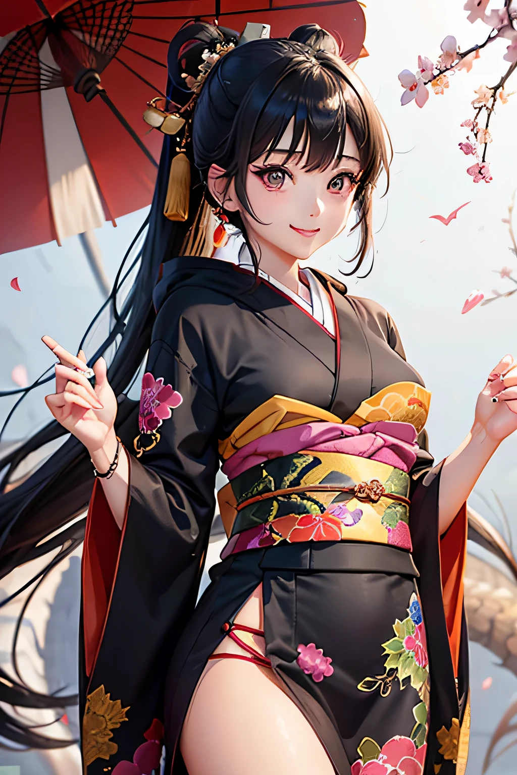 Beautiful Japanese women depicted in the highest quality manga。Her eyes are expressive、Have a perfect face。She has the charm of a cute anime character.、Wearing a beautiful Japanese kimono。The kimono has a dragon embroidered on it..、Features black and red colors。She has long black hair typical of Japanese women.、I have a ponytail hairstyle。Her single eyelid is attractive、A sexy look with a hooded eye style、deep set hairstyle。Her smile exudes a mysterious charm、She brightens up the situation with beautiful images。