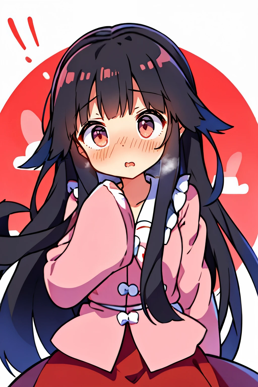 solo、1 girl、black hair、long hair、red eye、skirt、wide sleeve、embarrassing、blush、surprised expression、open your mouth、(pure white background)、Sweat