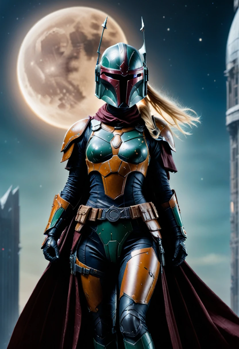 hot woman Boba Fett standing on the top of a building looking the camera, twin braids blonde, (holding the helmet on the hand), full moon at the background, high resolution, high quality, 8k, masterpiece, ultra detailed, realistic,