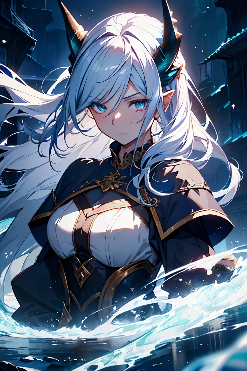 With white hair and Blue eyes,beautiful as a fairy,A melancholy expression that stirs affection,side face,floating hair,light particles,glare,vivid,fancy,dreamlike,a dim atomshpere, ((Dragon Girl)) (( Dragon Blue Horns)) ((Dark Fantasy)) ((Elden Ring)) ((Medieval clothes)) ((flat ))