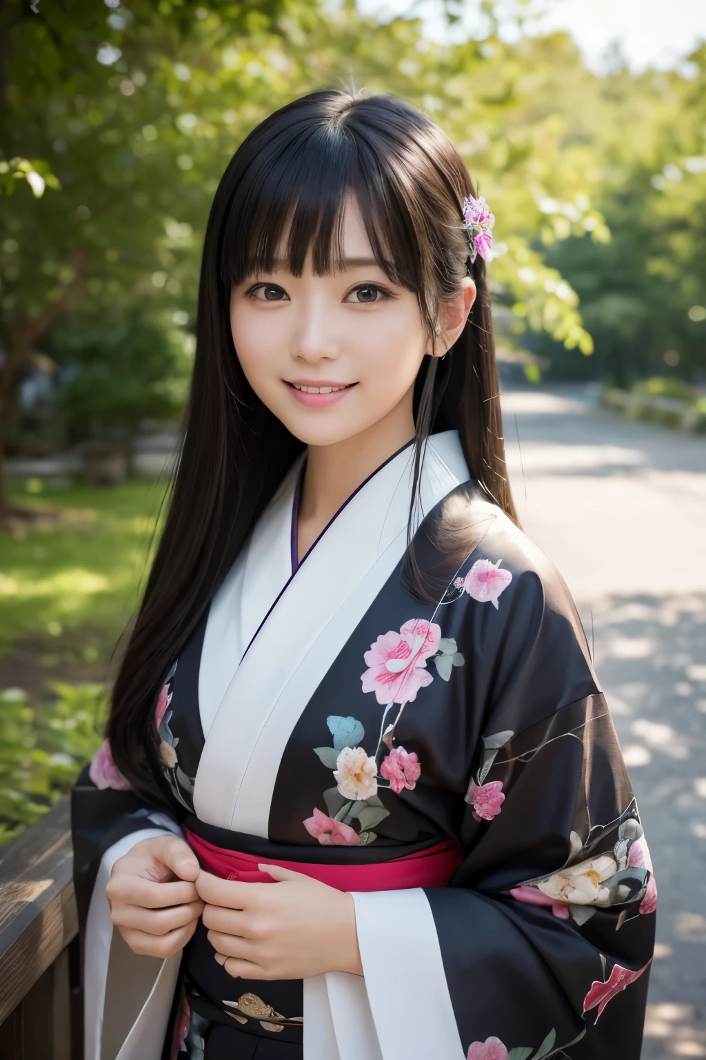 （kimono）、Random pose、(top quality,​Masterpiece:1.3,ultra high resolution,),(super detailed,Caustics),(realism:1.4,Original photography,)Ultra-realistic capture,a very detailed,High resolution 16K close-up of human skin、 natural skin texture、、Skin looks healthy and even-toned、 Use natural light and color,1 girl,Japanese,kawaii,A black-haired one,Zhongfa,,Smile,,(depth of field、Color difference、、Wide lighting range、natural shadow、)、Half-length photo