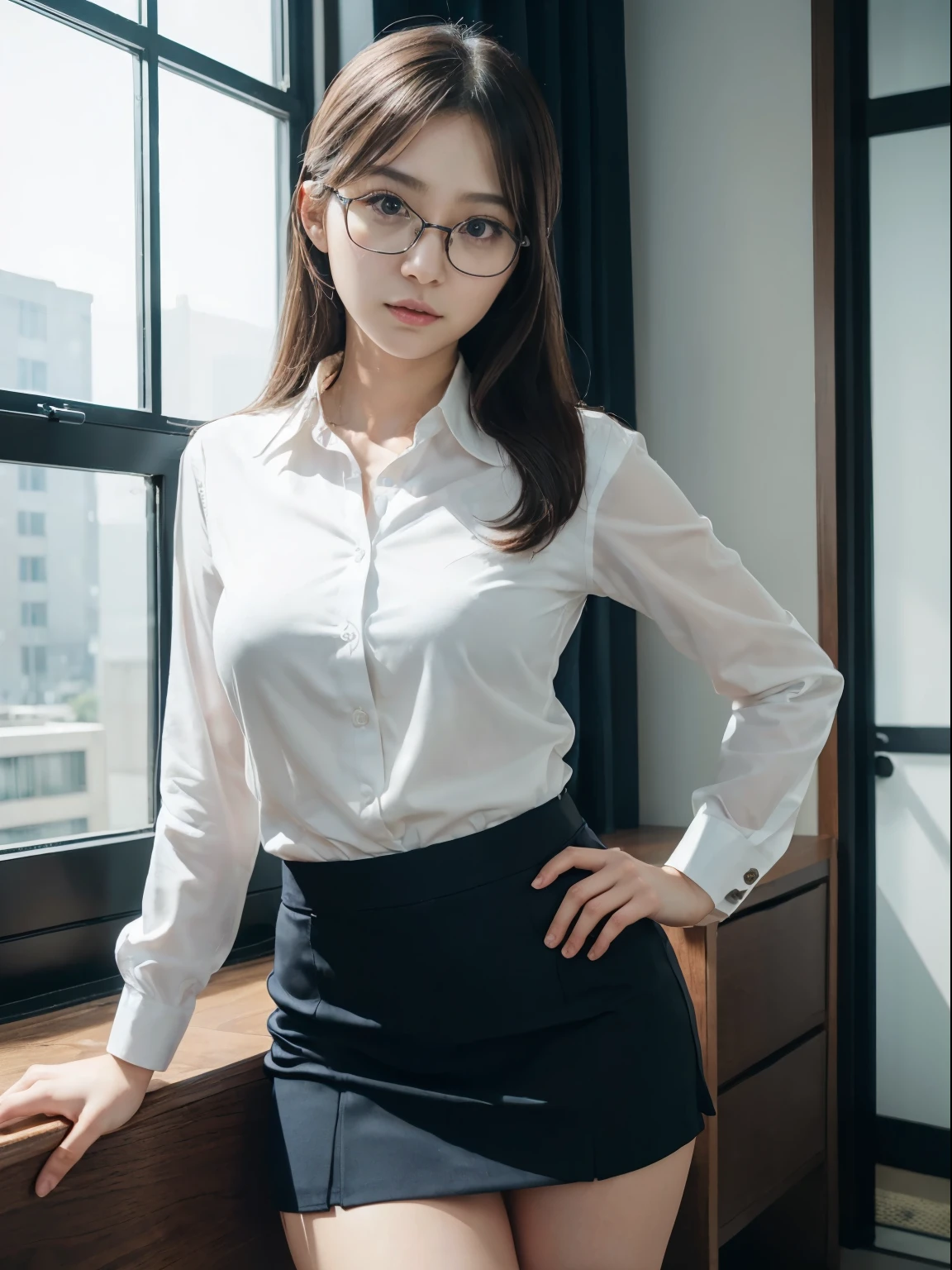 alone、solo、OL in her 20s in office uniform posing for a photo、victory、Tsundere、Single knot、OL、suit、blue mini skirt、anger、small、Glasses、slim girl model photo、physical:the smallest middle-aged man in history、female model、Japanese female fashion model、(8k、RAW photo、highest quality、masterpiece:1.2)、(real、photorealistic:1.37)、Super detailed、Ultra high definition、office Street、 standing position、whole body、((((SEXY)))