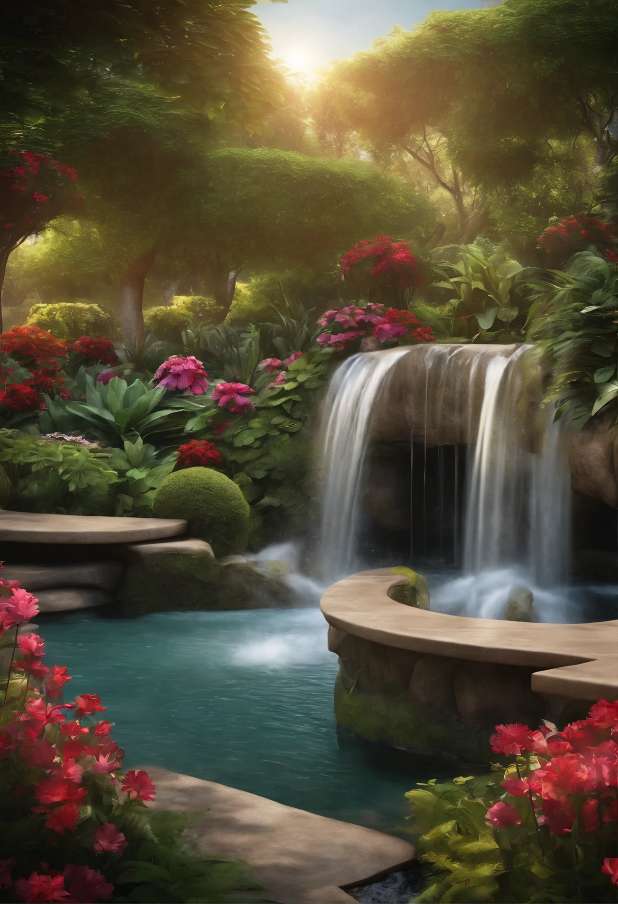 A fantasy garden with several flowers, a mesmerizing waterfall, and a beautifully crafted bench. The (best quality, 8k) image showcases the masterpiece of this garden, with ultra-detailed flowers and breathtaking visuals. The garden is filled with vibrant colors and (realistic) textures, giving it a photorealistic appearance. The flowers bloom in various shapes and colors, creating a visually stunning experience. The waterfall cascades down gracefully, with each droplet captured in sharp focus. The sound of rushing water adds a soothing ambiance to the scene. Next to the waterfall, there is a magnificent bench, meticulously designed with intricate patterns and luxurious materials. It invites visitors to take a moment of peace and serenity in this enchanting garden. The scenery is bathed in (soft, warm) lighting, embracing the beauty of nature. Every detail is perfectly illuminated, revealing the depth and richness of the garden.