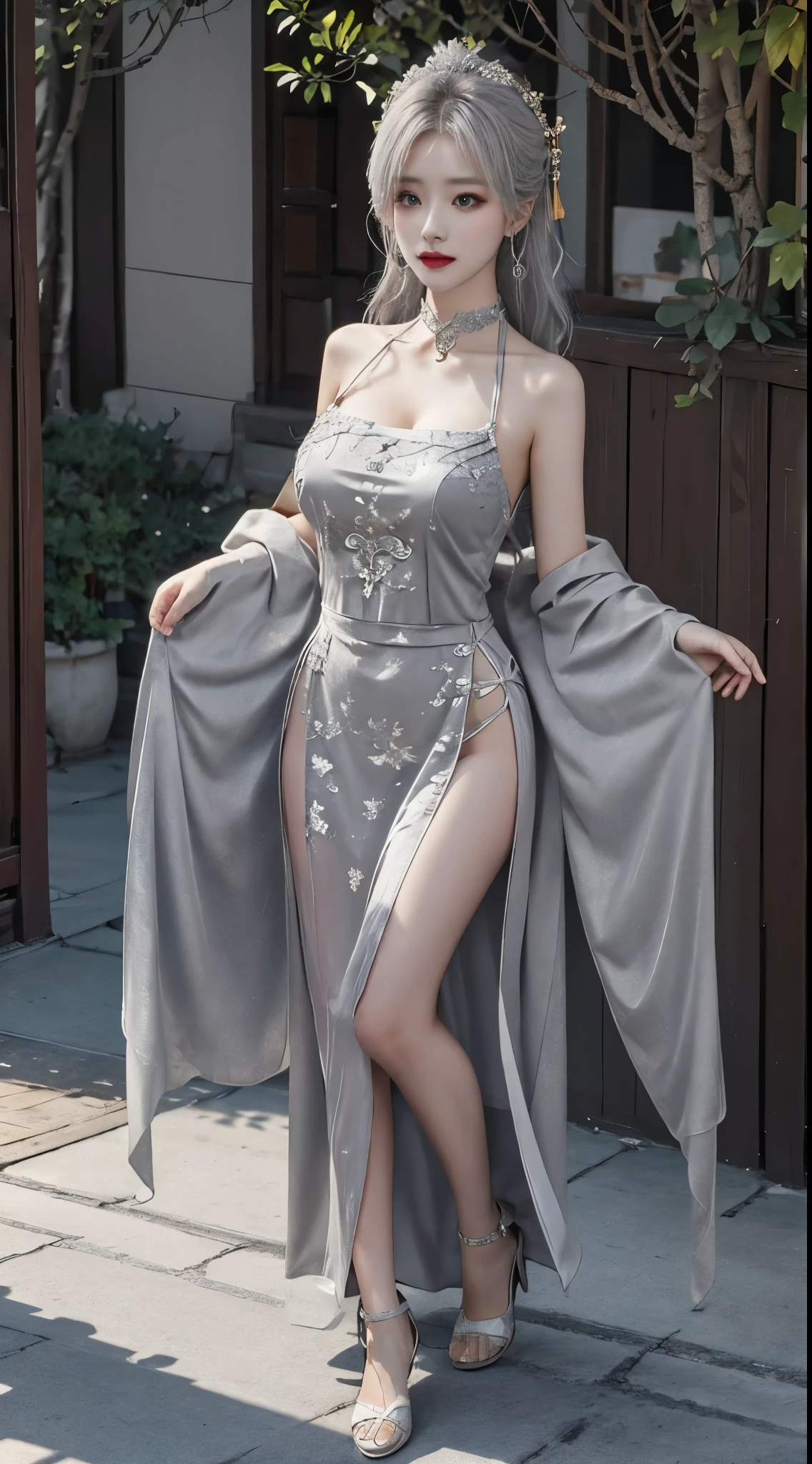 tmasterpiece，Best quality，（natta：1.7），looking over city，（allure：1.3），City lights，skyscrapper，the street，closeup cleavage，
1个Giant Breast Girl，jewely，ear nipple ring，choker necklace，The stands up，pose beautiful face，Full body lesbian，（long whitr hair：1.5），
Straight dress，scantily clad，，Chinese clothes，，