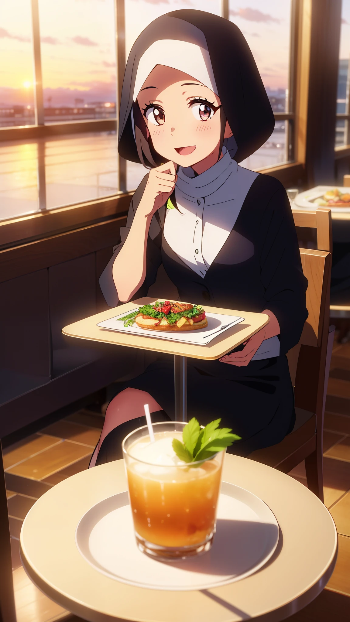 shinkai makoto, kimi no na wa., 1girl, bangs, black hair, blush, brown eyes, Suspender Clothes, looking at the viewer, collarbone, red bow, red headband, red ribbon, short hair, cute, solo, skirt, short sleeves, open mouth, night, bracelet, tavern setting, pov across table, white shirt, eating, two hands, excited, happy, :D, cafe, resto, foods, drinks, table and chair