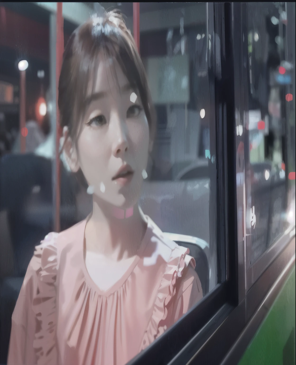 There is a woman looking out the window on the bus., IU Lee Ji-eun transformed into a supervillain, Lofi Feeling, she has a distant expression, Sideways glance, Holograms hovering around her, He&#39;s shining, lopi girl, Video Frame Stills, sun yunjoo, Highlight scenes from the movie, [ realistic photo ]!!