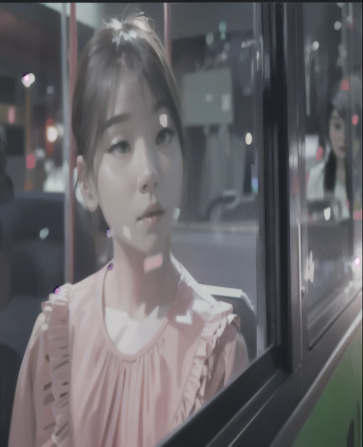 There is a woman looking out the window on the bus., IU Lee Ji-eun transformed into a supervillain, Lofi Feeling, she has a distant expression, Sideways glance, Holograms hovering around her, He&#39;s shining, lopi girl, Video Frame Stills, sun yunjoo, Highlight scenes from the movie, [ realistic photo ]!!