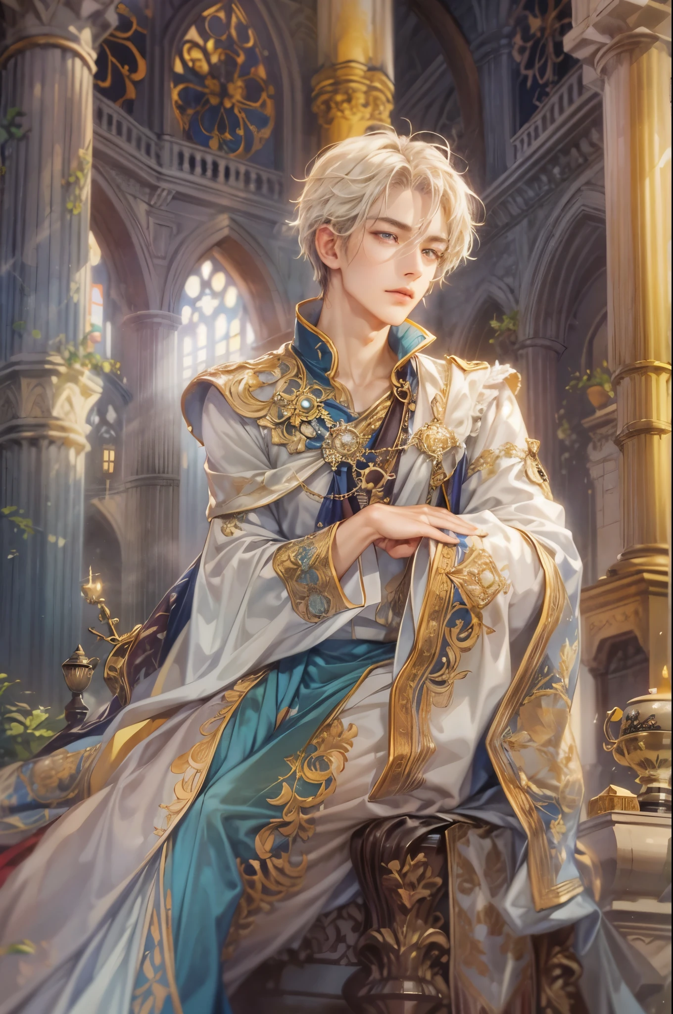 ((Best quality)), ((masterpiece)), (detailed), ((perfect face)), ((halfbody)) "Captivate the View: A Handsome Prince from Saga Frontier 2, Reflecting on Life's Transitions being rich but now having simple life sitting beside from His Comfortable Window Perch of the cathedral"