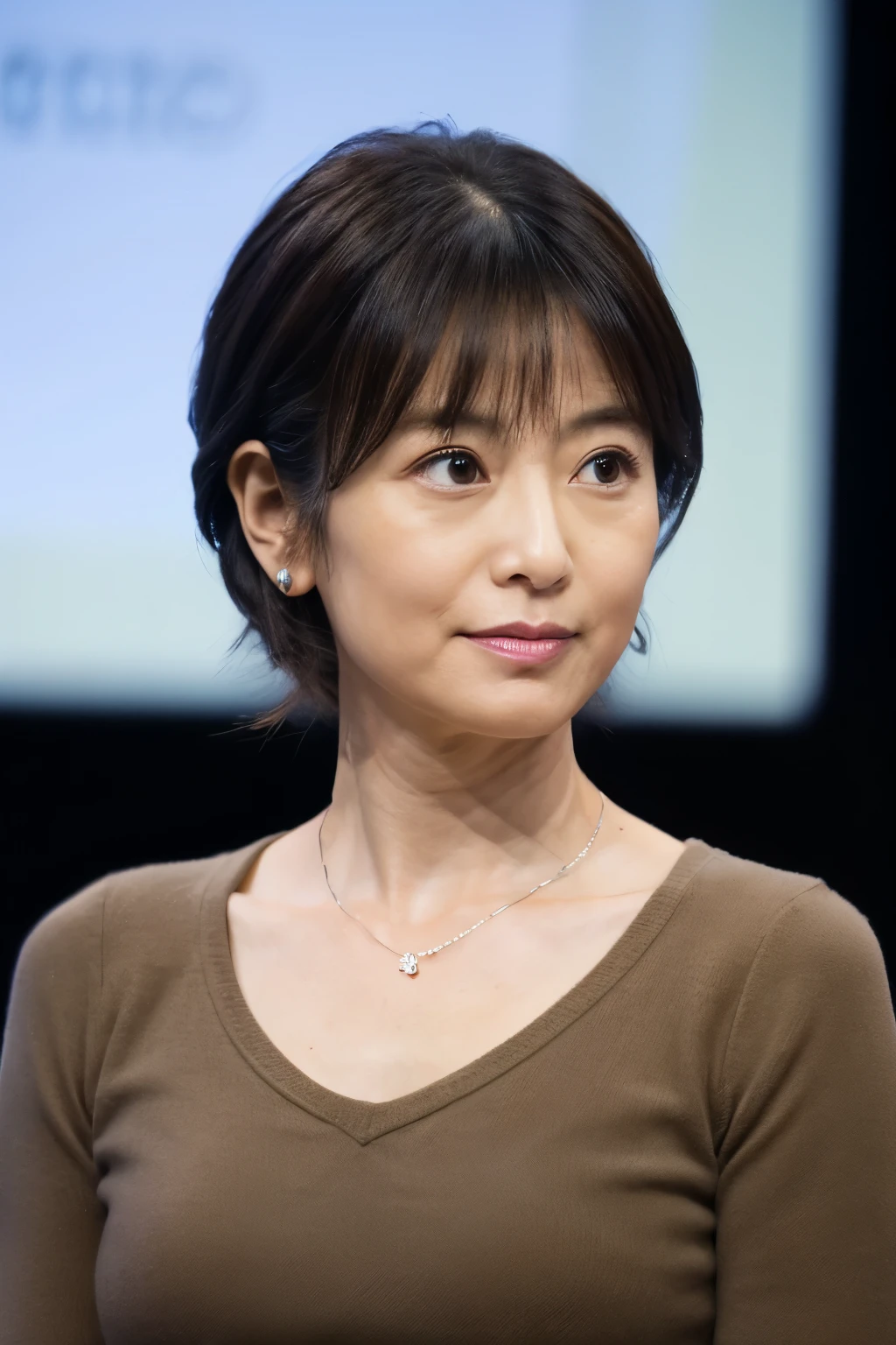 highest quality, masterpiece, 8K, photorealistic, High resolution, detailed face, fine eyes, japanese woman, 40 years old, cute face, lean body shape, thin waist, ((view audience)), slightly messy hairstyle, tight v neck shirt, plain background