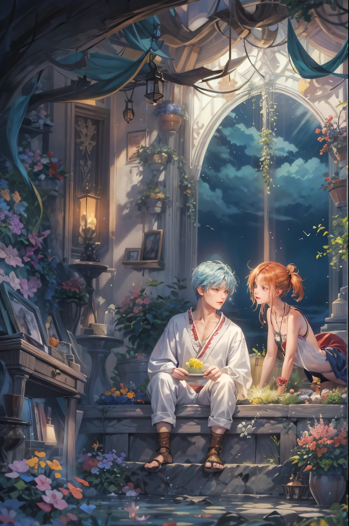 ((Best quality)), ((masterpiece)), (detailed), ((perfect face)), ((halfbody)) Amidst a tranquil slumps, a handsome young character from saga frontier 2, resides in a cozy home, where he channels his creative energy into capturing the enchanting harmony between nature and his inner world. As day turns to night, the moonlight envelops his canvas, revealing a breathtaking masterpiece that embodies the essence of his soul's journey and the beauty he discovers within himself."