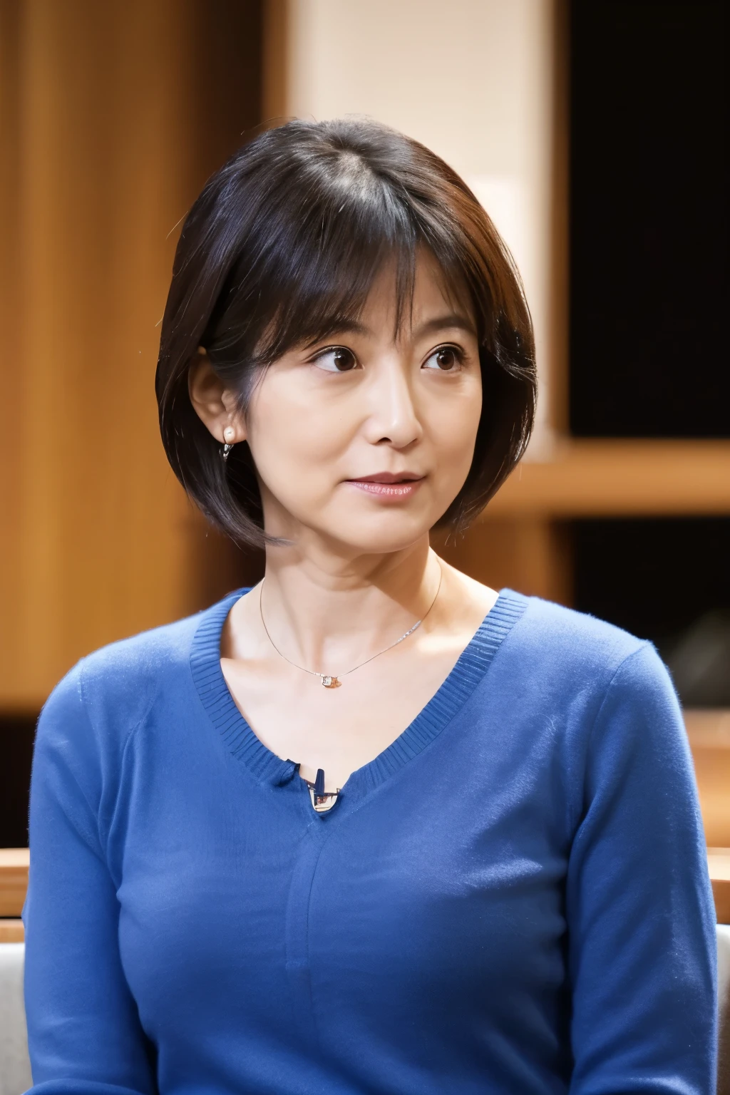 highest quality, masterpiece, 8K, photorealistic, High resolution, detailed face, fine eyes, japanese woman, 40 years old, cute face, lean body shape, thin waist, ((view audience)), slightly messy hairstyle, tight v neck shirt, plain background