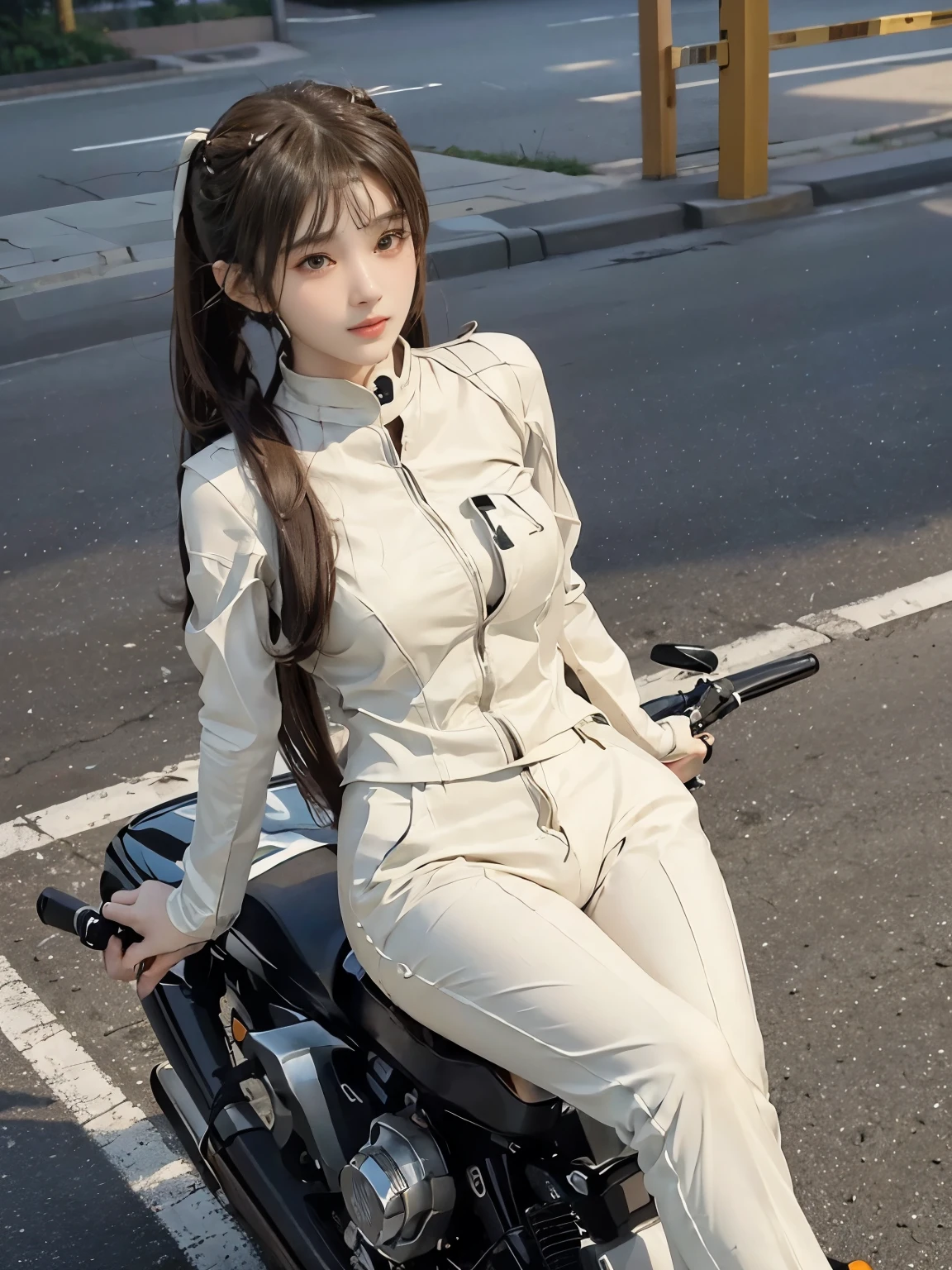  (realistic:1.5), 8k, Super delicate beauty, 1 girl, Complex motorcycle details, (short: 1.3), (highest quality: 1.0), (Super high sharpness: 1.0),（Beautiful and delicate depiction of eyes）,unreal engine:1.4, photorealistic:1.4, skin texture:1.4, masterpiece:1.8,highest quality、smile、long limbs、(((riding a motorcycle)))、(((Light brown rider suit and long pants)))、(((twin tail hair)))