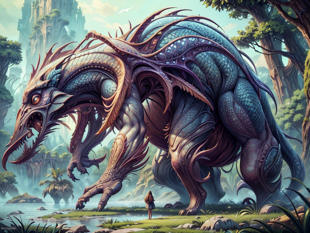 highres,realistic,portrait,painting,detailed,impressive,giant creature,beautiful girl,outdoor scene,majestic,surrealism,vibrant colors,natural lighting,ethereal atmosphere,dreamlike setting,fantasy element